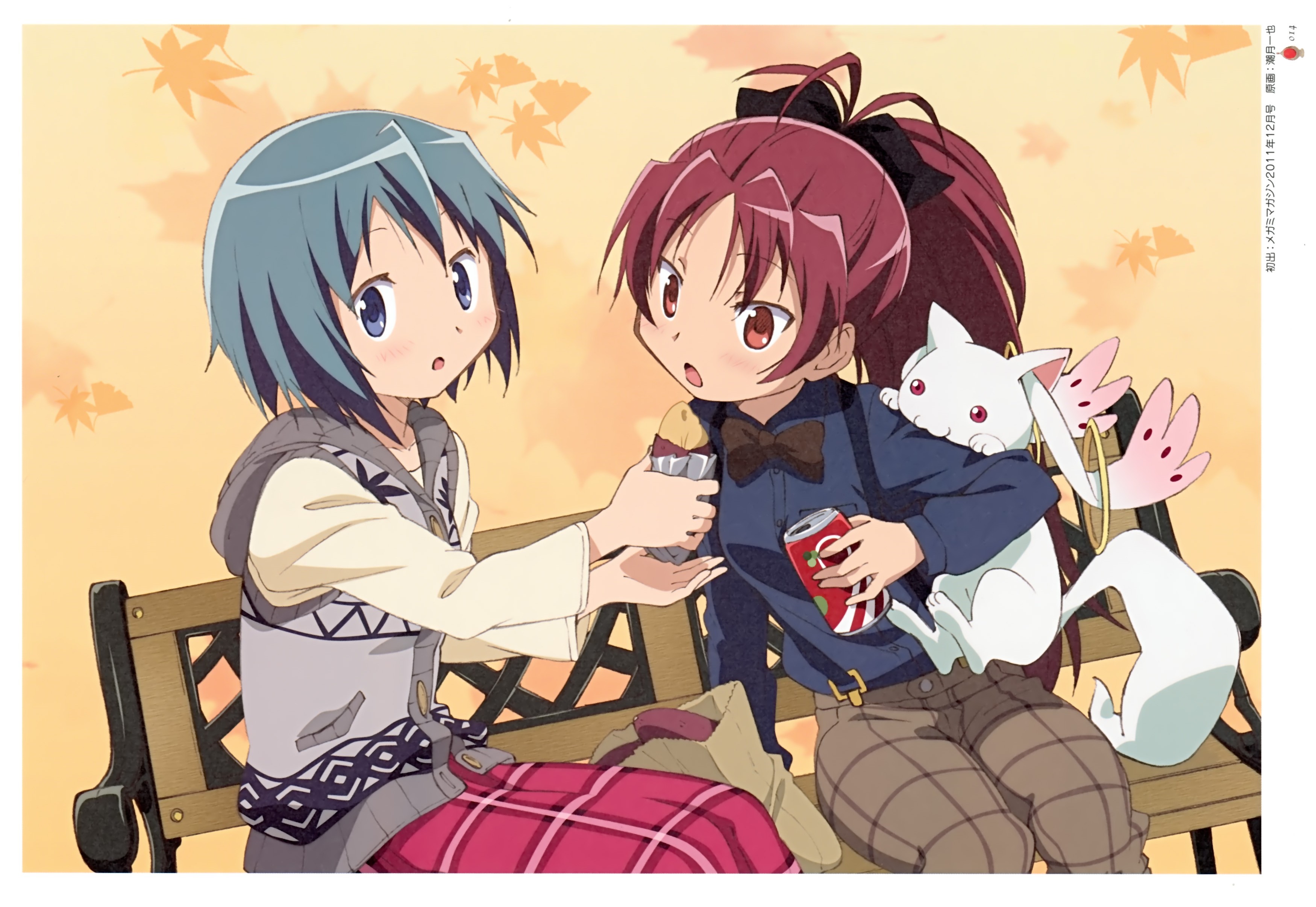 Sayaka Miki and Kyoko Sakura with Kyubey from Madoka Magica HD Wallpaper