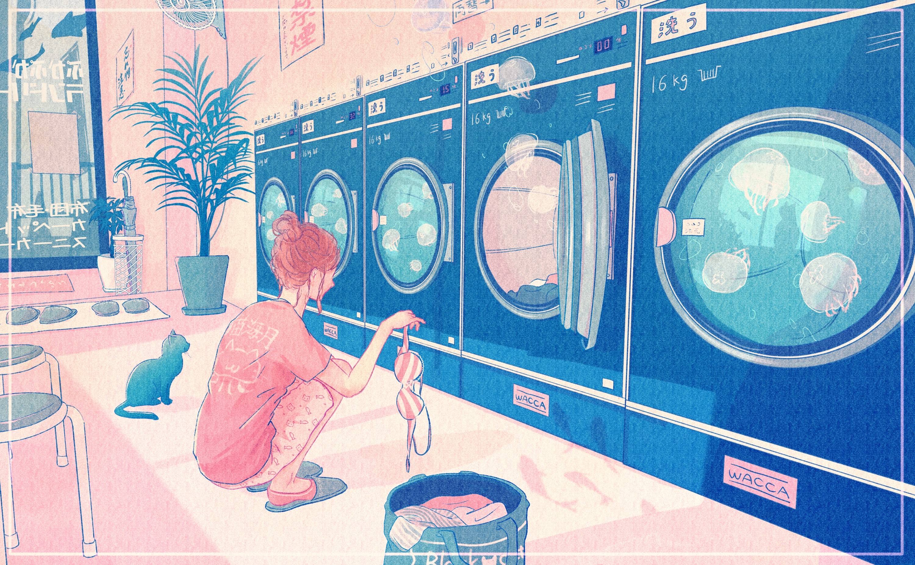Girl doing laundry with jellyfish in washing machines HD Wallpaper