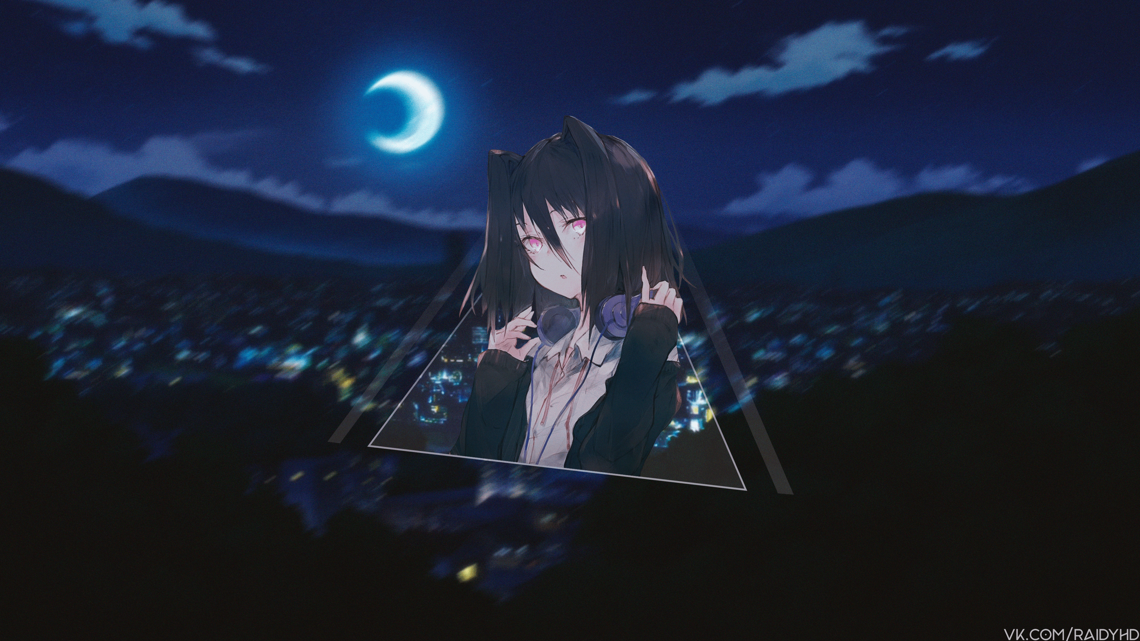 Anime girl with headphones at night HD Wallpaper