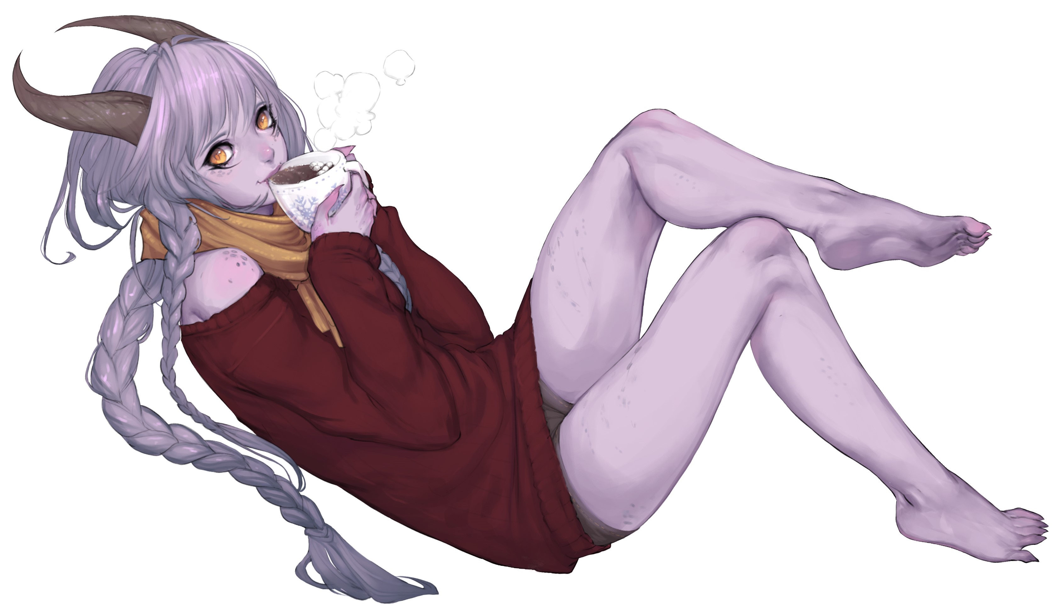 Purple-skinned demon girl with horns drinking hot chocolate HD Wallpaper