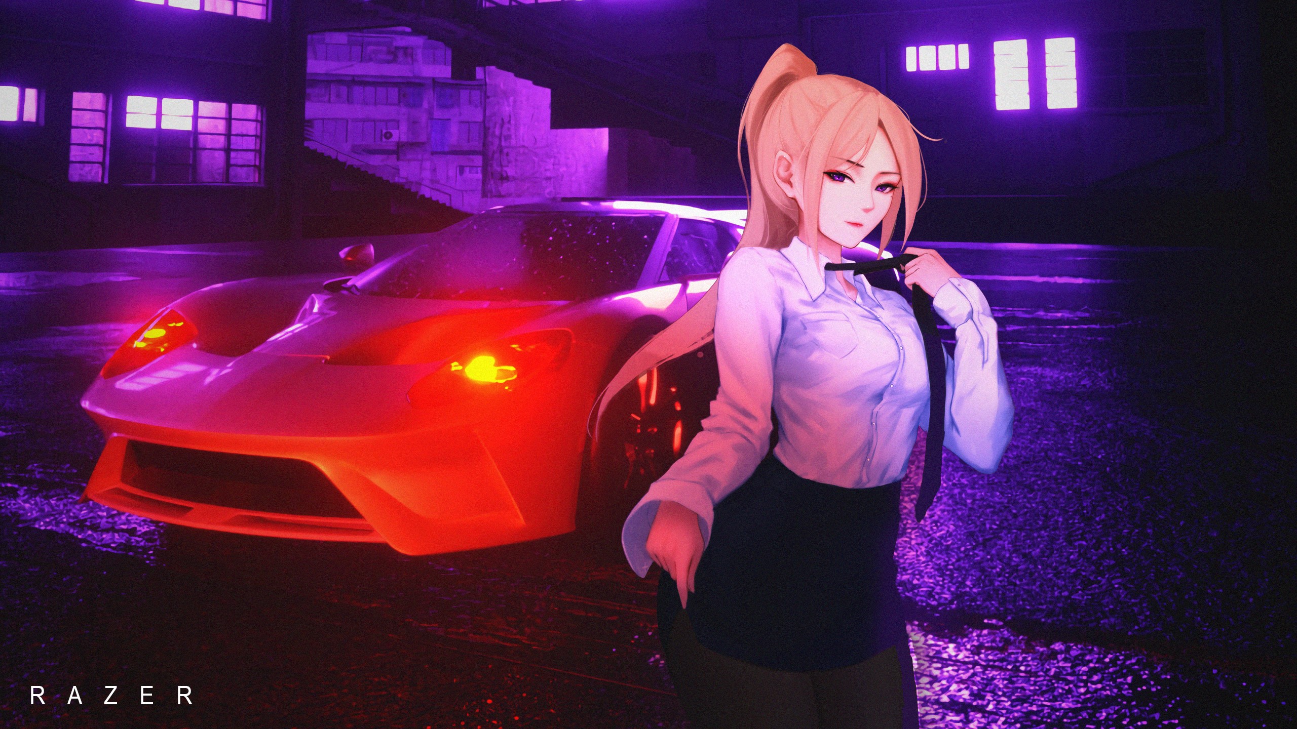 Anime girl with tie and sports car by Razer HD Wallpaper