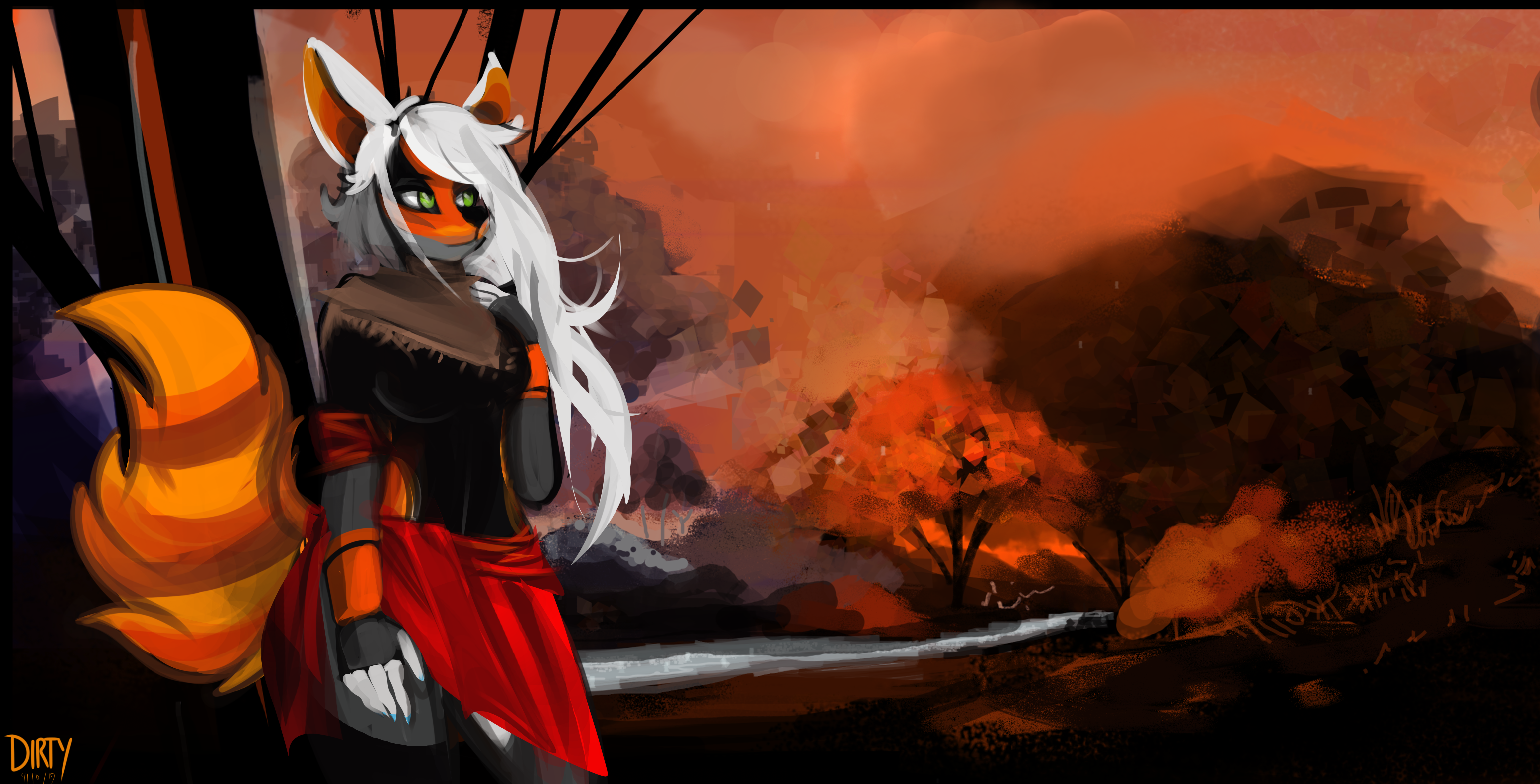 Furry fox girl with white hair and red skirt HD Wallpaper