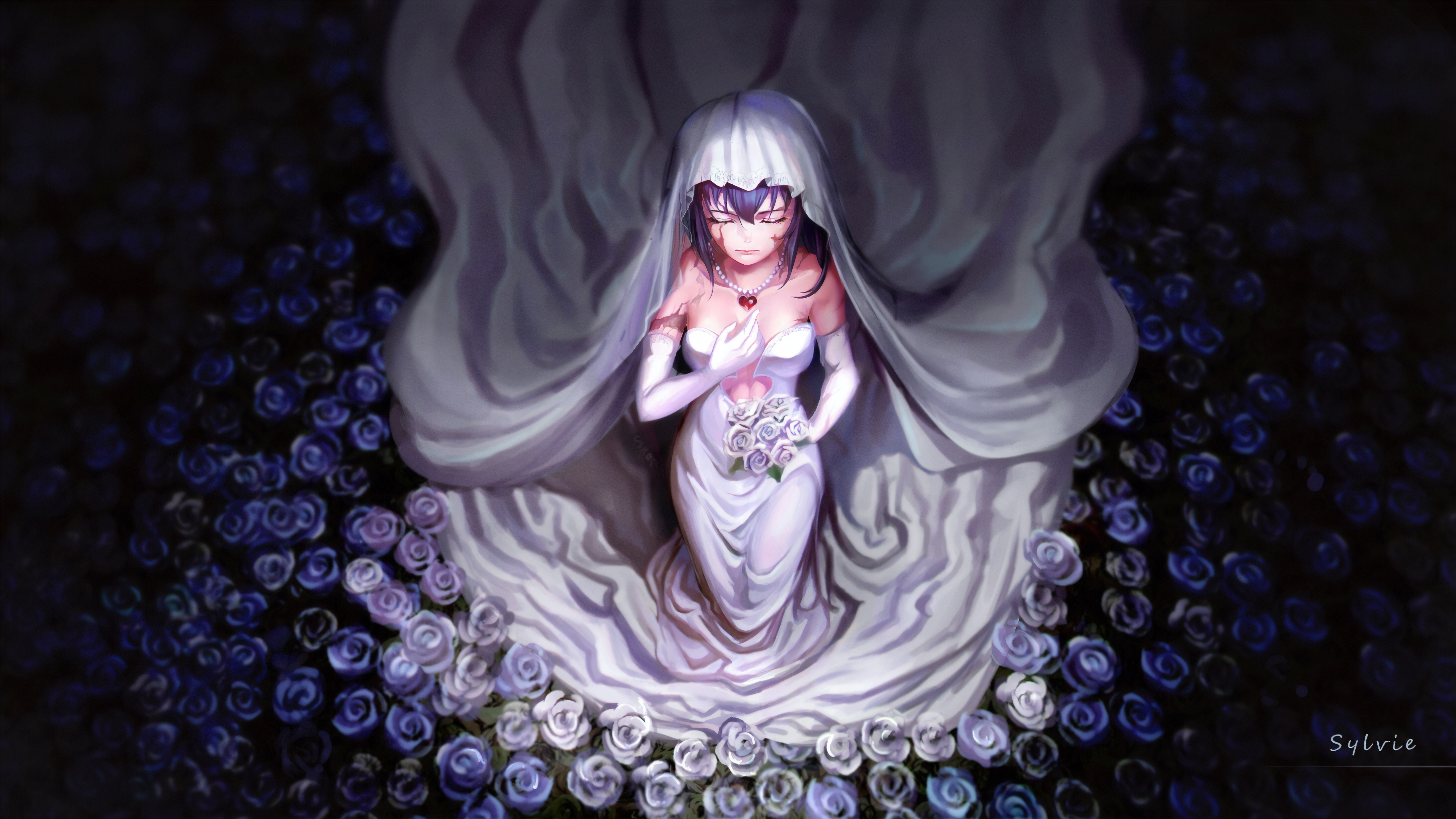 Bride in Wedding Dress Surrounded by Roses HD Wallpaper