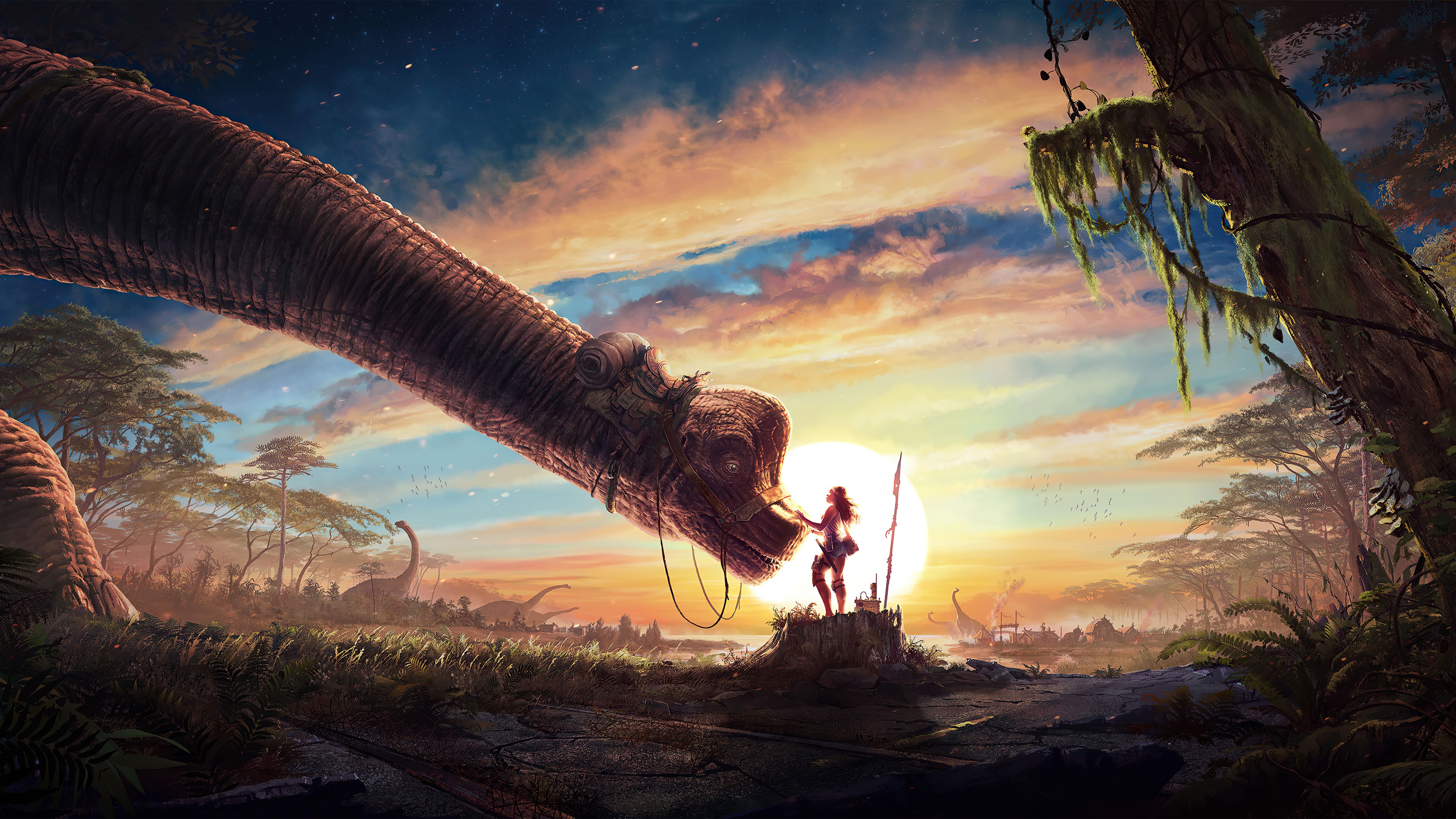 Fantasy girl with a dinosaur at sunset HD Wallpaper