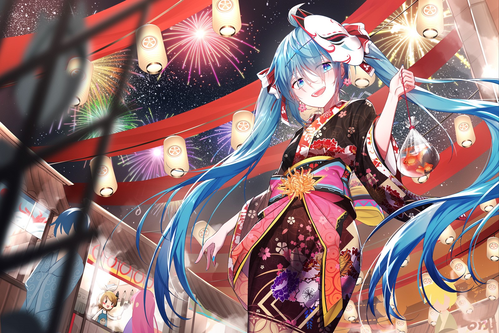 Hatsune Miku from Vocaloid in Kimono with Fox Mask and Goldfish HD Wallpaper