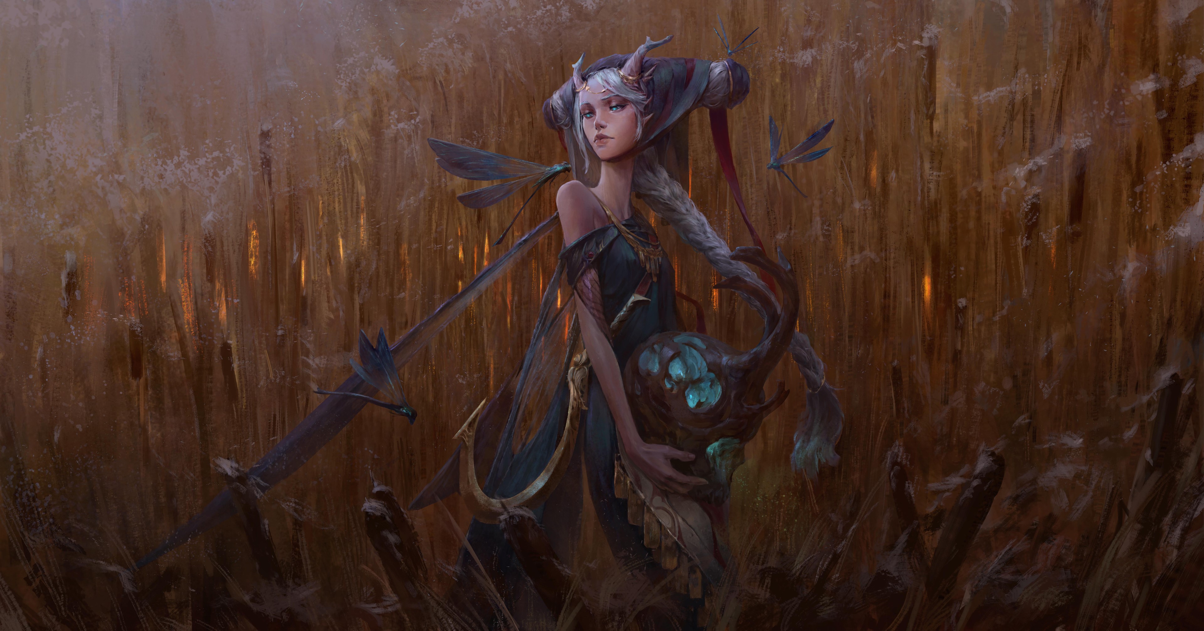 Fantasy girl with dragonflies and sword HD Wallpaper