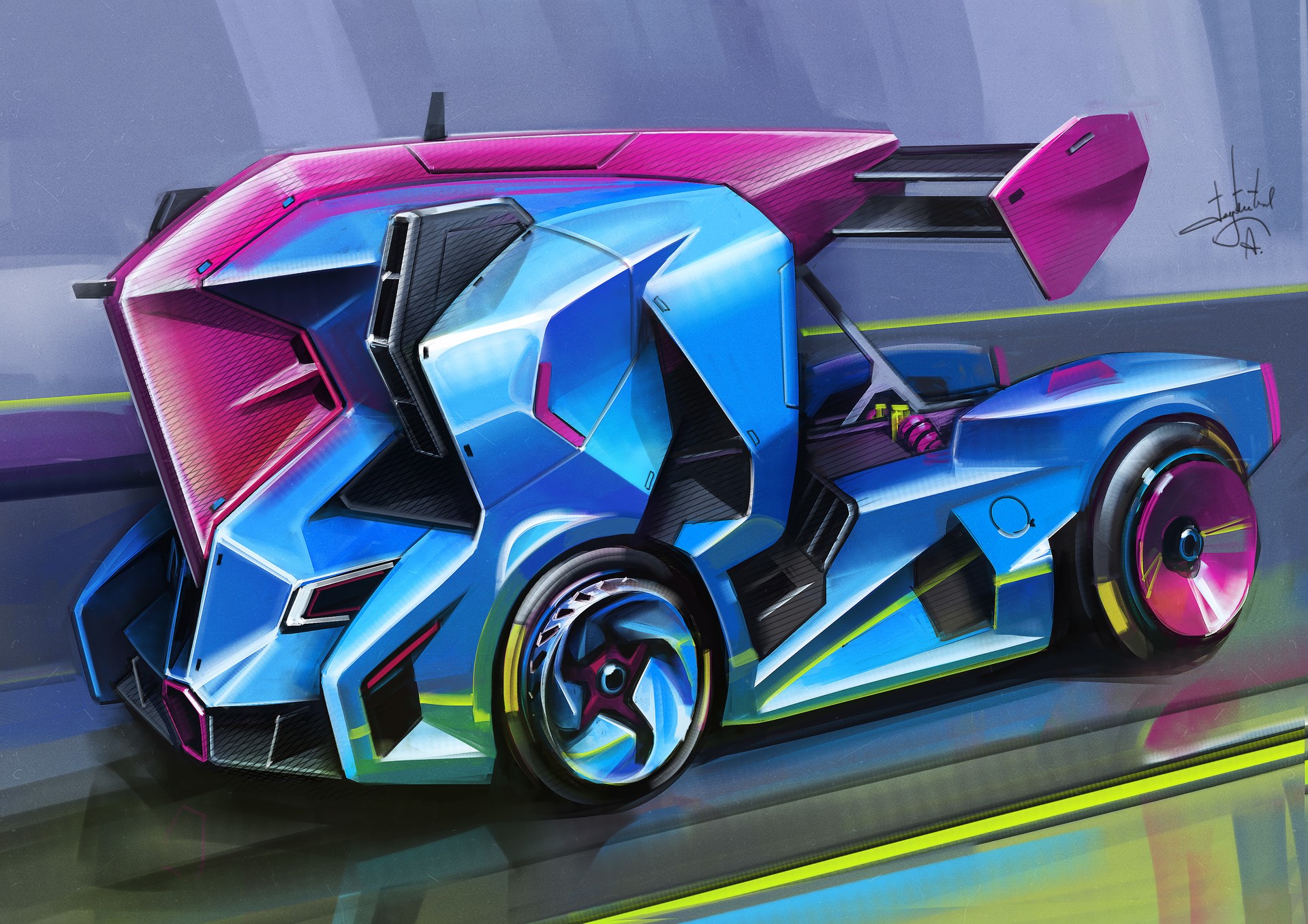 Blue and pink futuristic concept racing truck by Aleksandr Sidelnikov HD Wallpaper