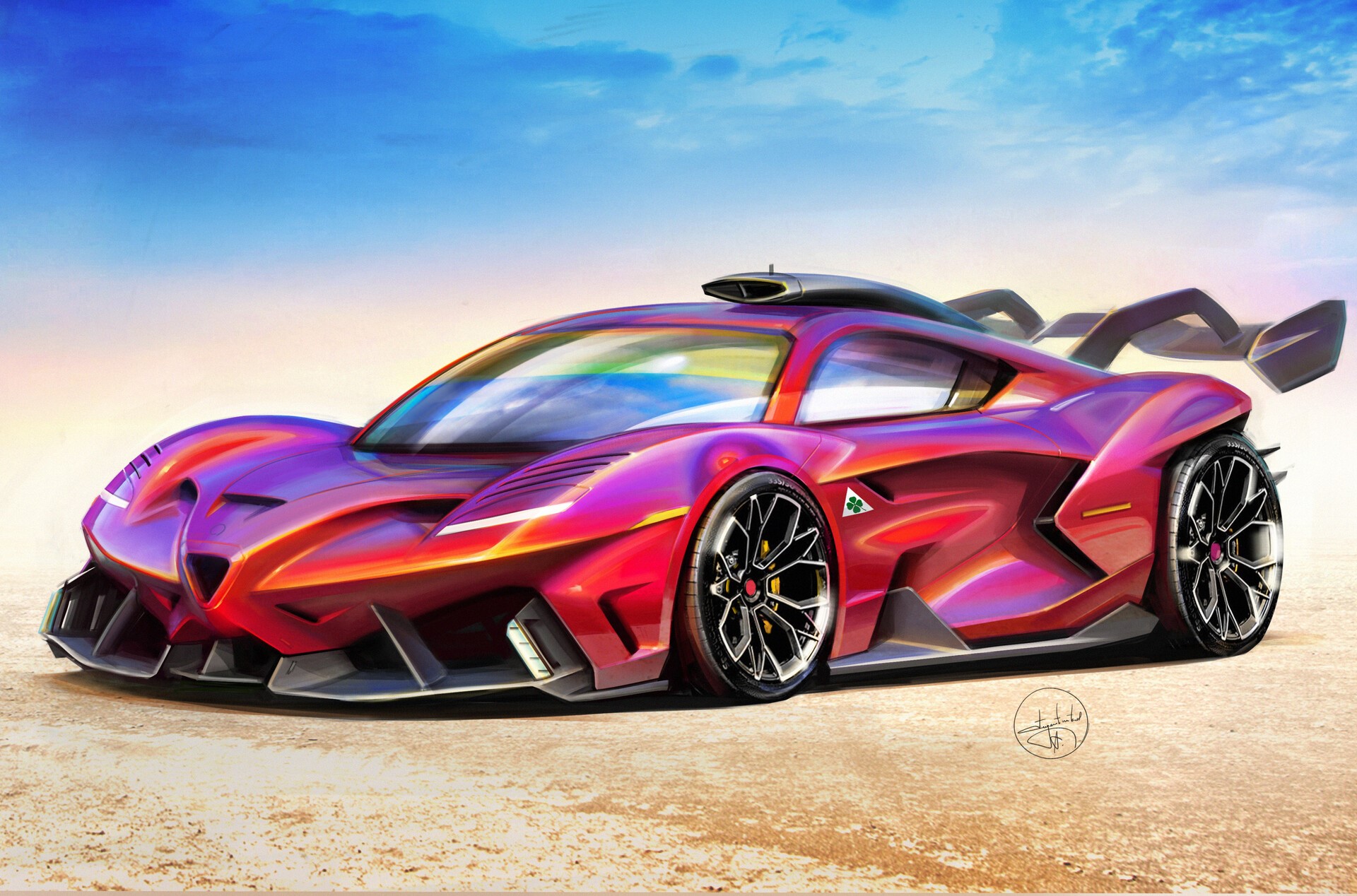 Red and purple sports car in desert HD Wallpaper