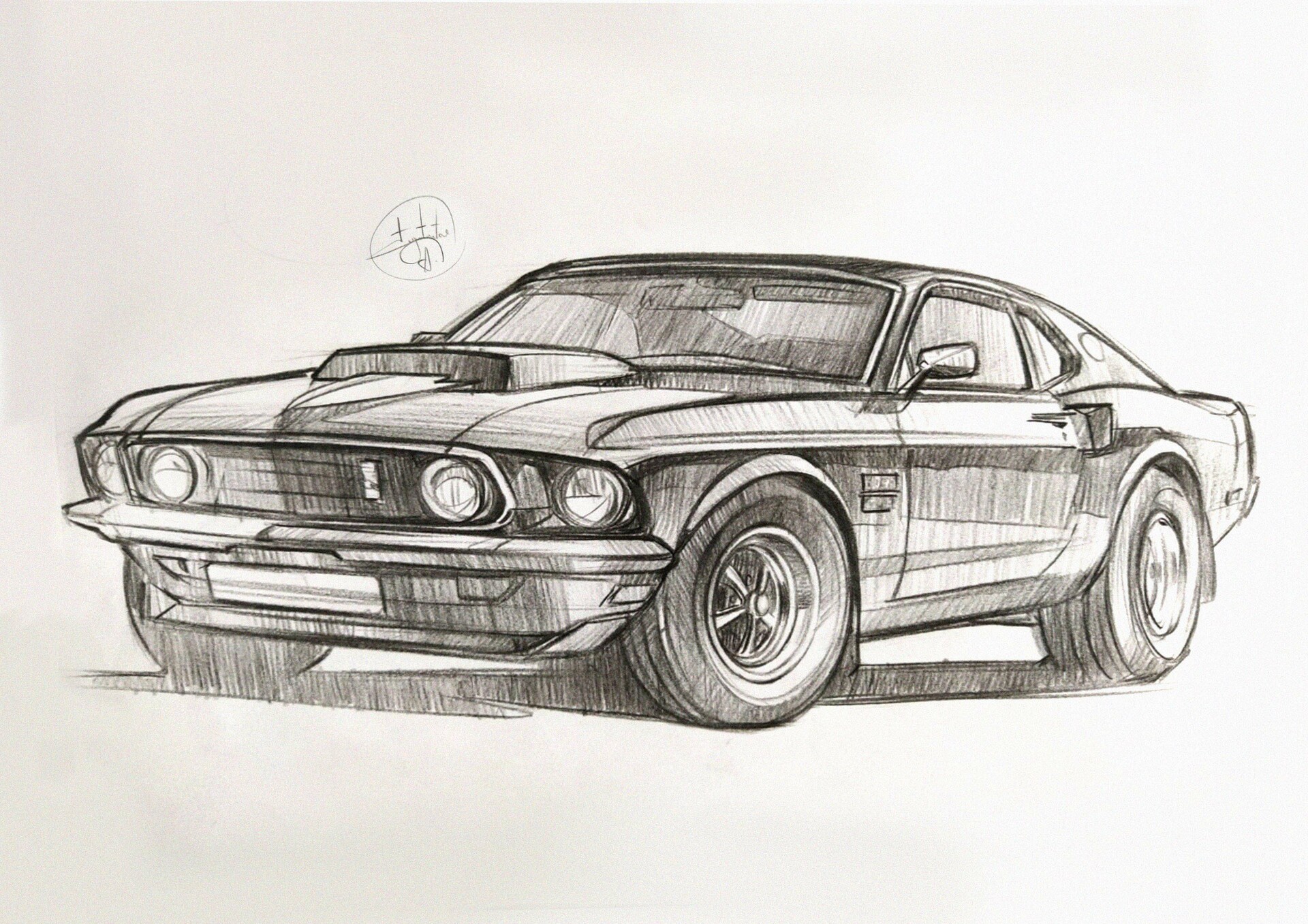 Pencil sketch of a 1970 Ford Mustang Boss 302 HD Wallpaper