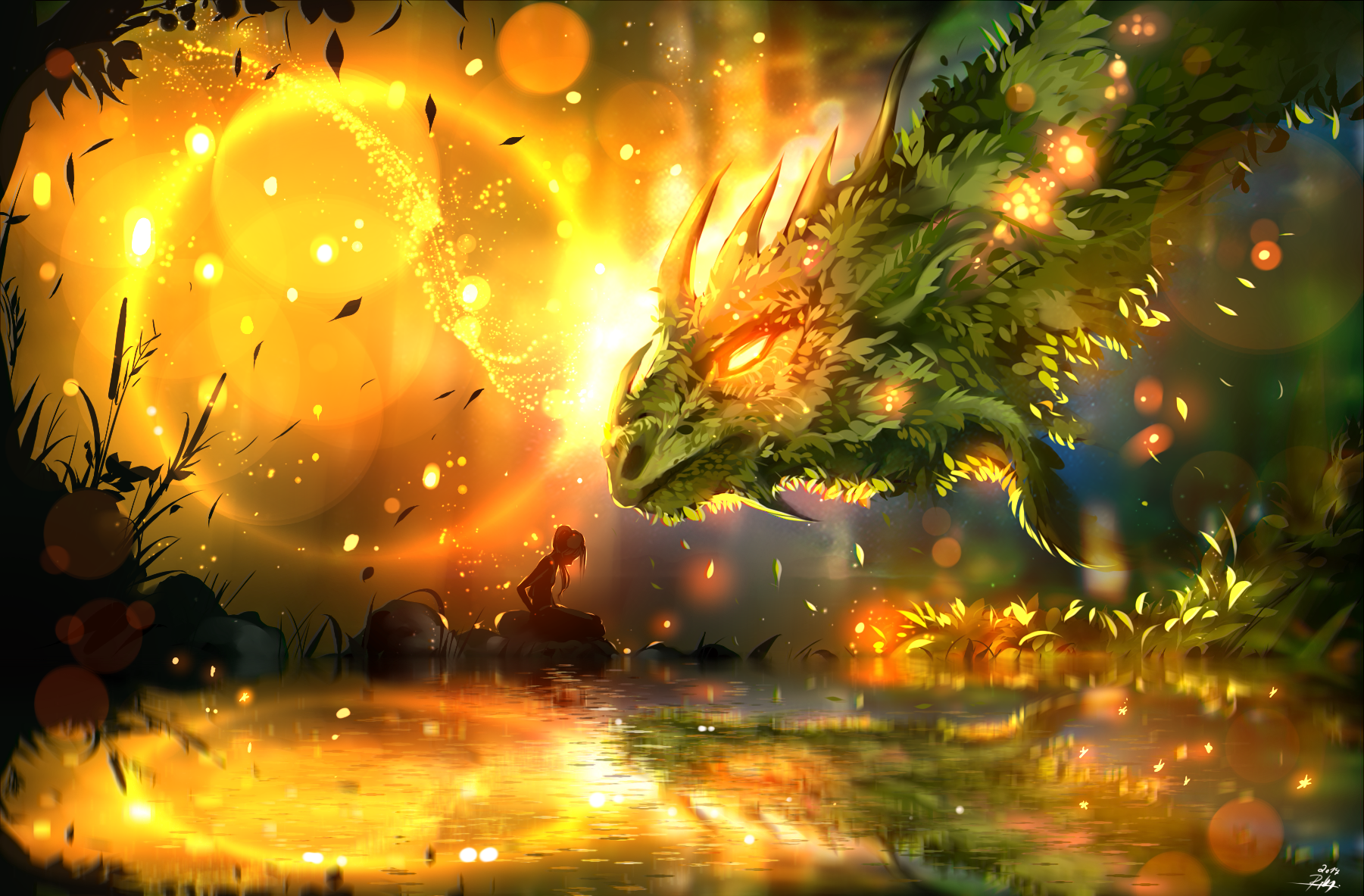 Fantasy girl and green dragon by a lake HD Wallpaper