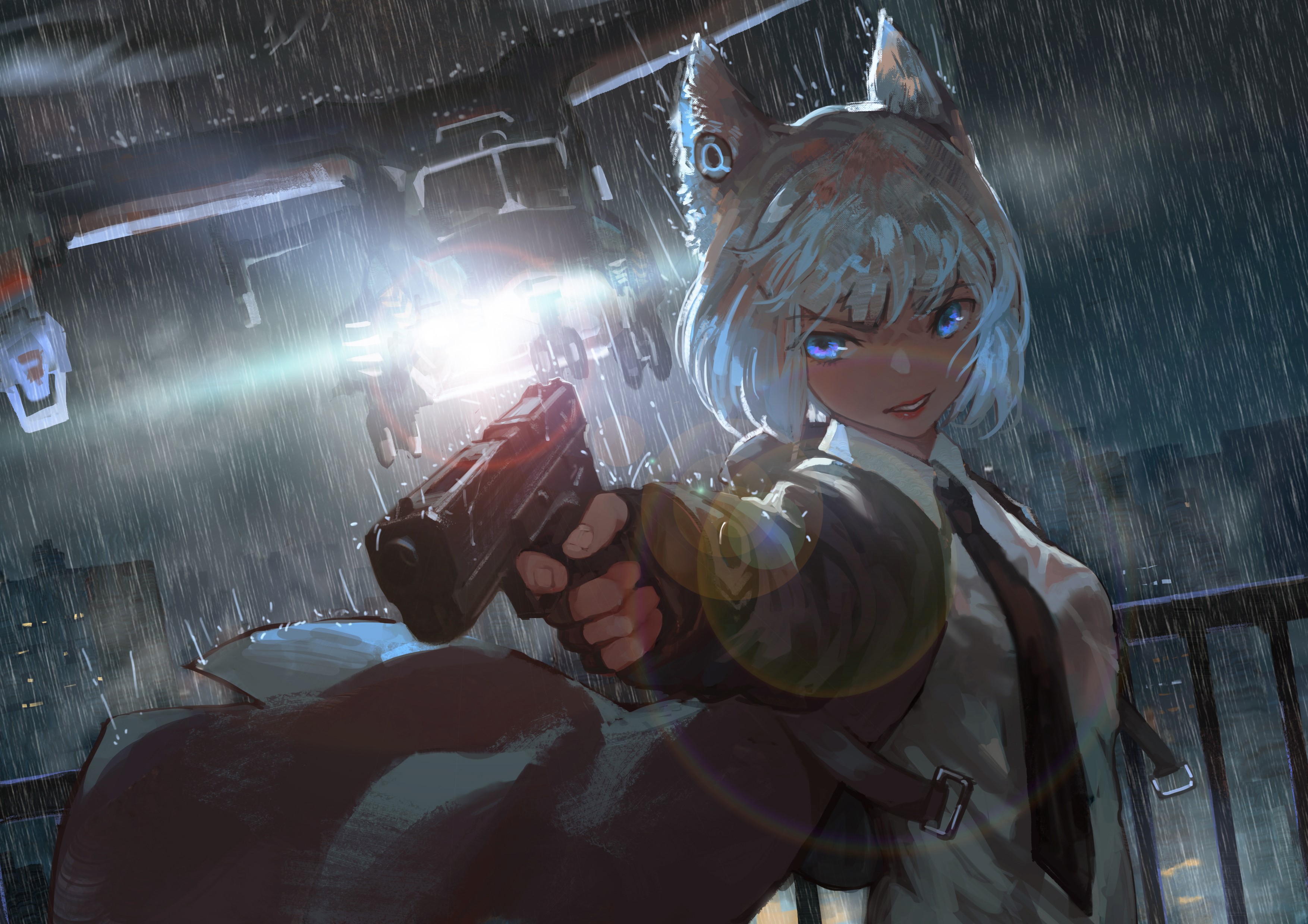 Anime girl with fox ears holding a gun in the rain HD Wallpaper