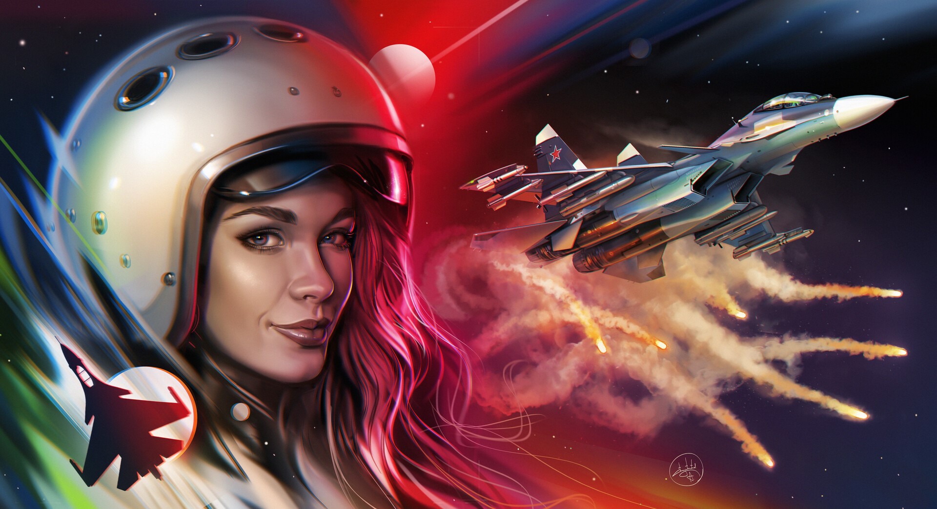 Woman in helmet and Sukhoi Su-30 jet fighter HD Wallpaper
