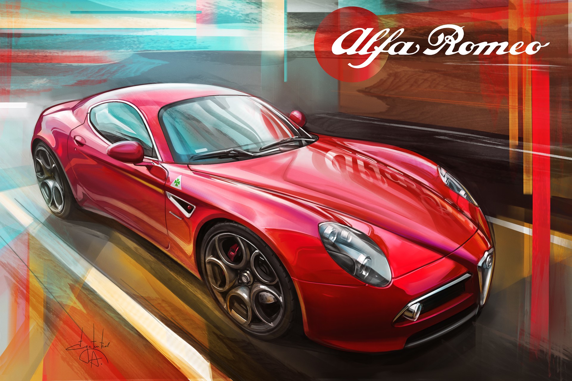 Red Alfa Romeo 8C sports car by Aleksandr Sidelnikov HD Wallpaper