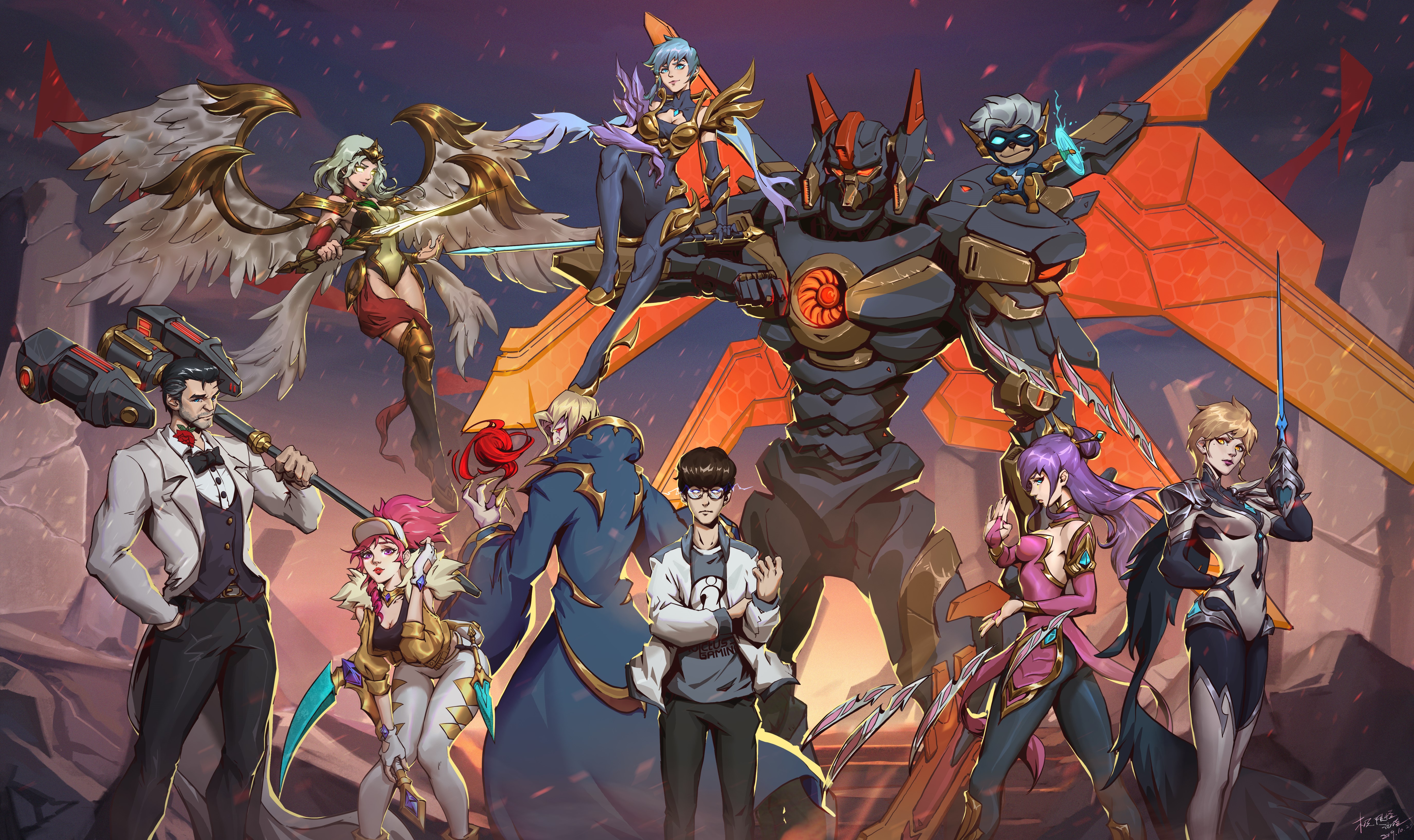 League of Legends characters with Invictus Gaming players HD Wallpaper