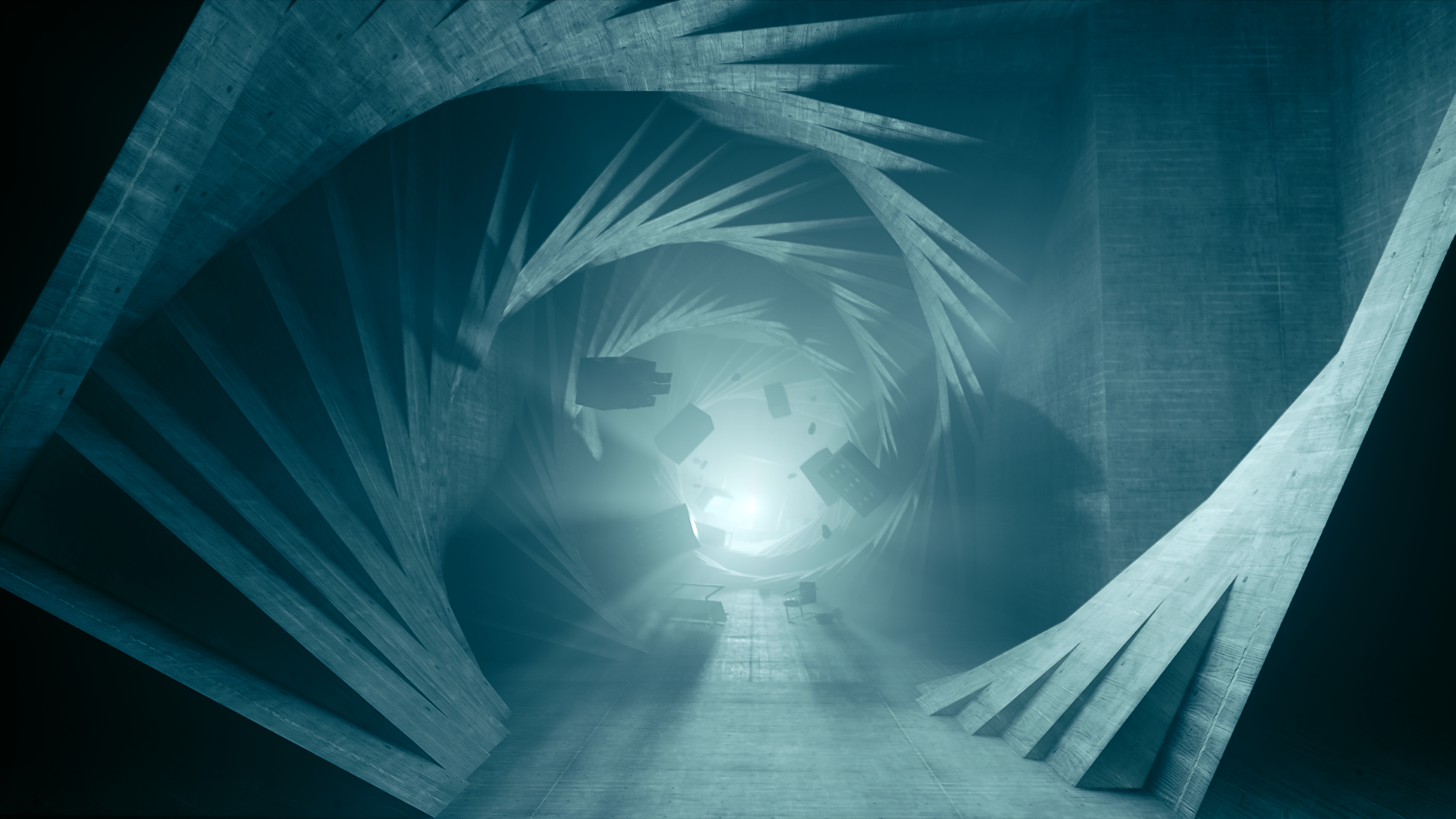Abstract concrete tunnel with floating cubes HD Wallpaper