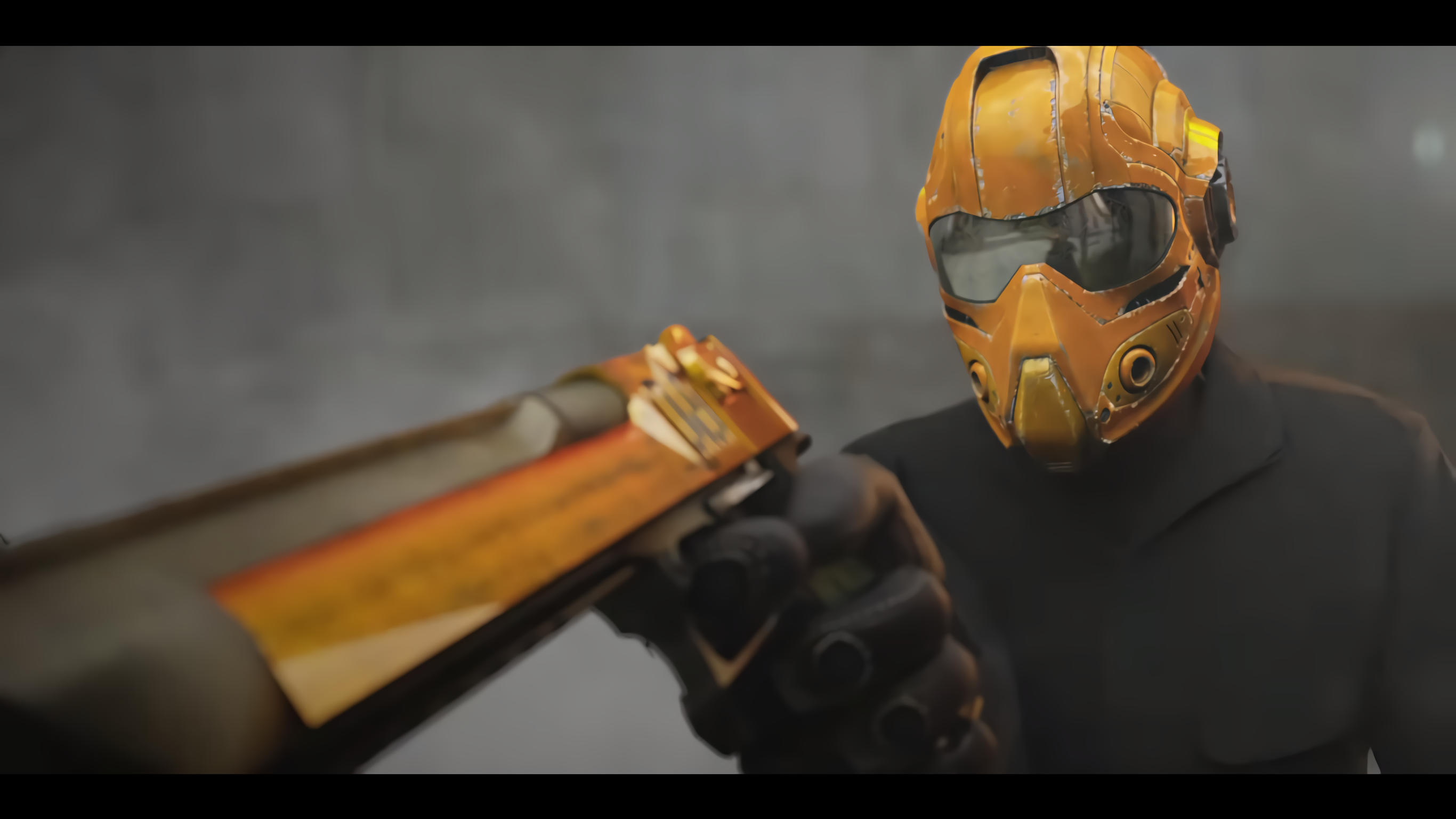 Man in orange helmet holding a golden gun HD Wallpaper