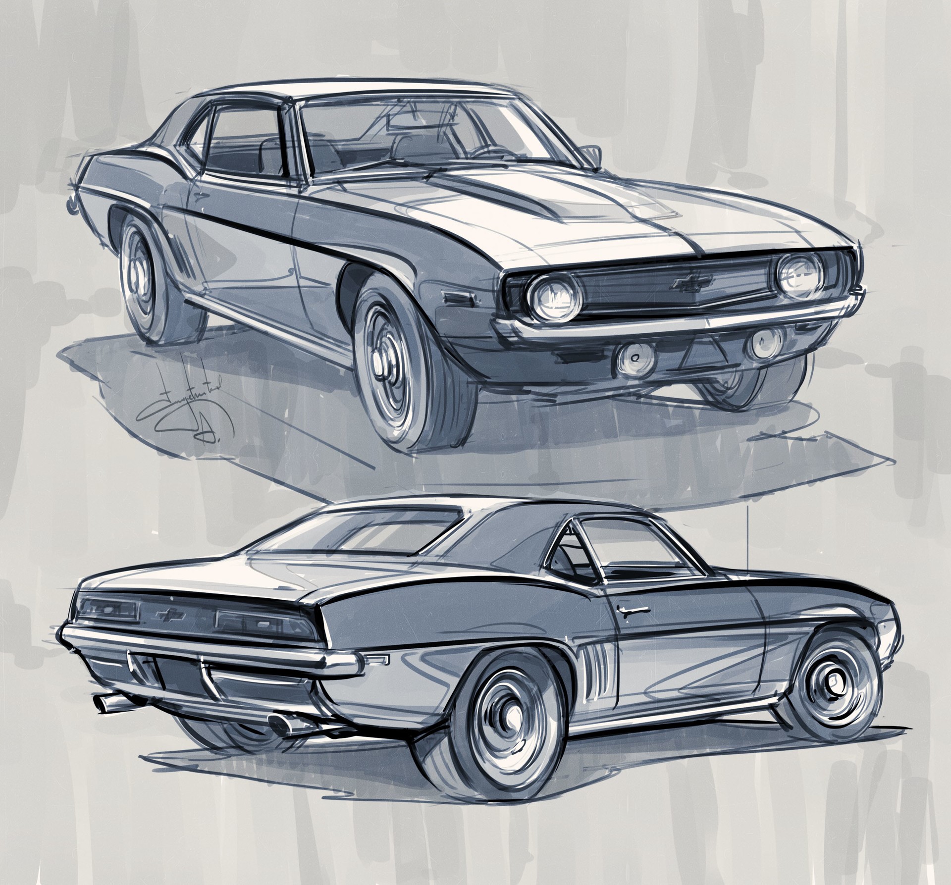 Two sketches of a 1969 Chevrolet Camaro HD Wallpaper