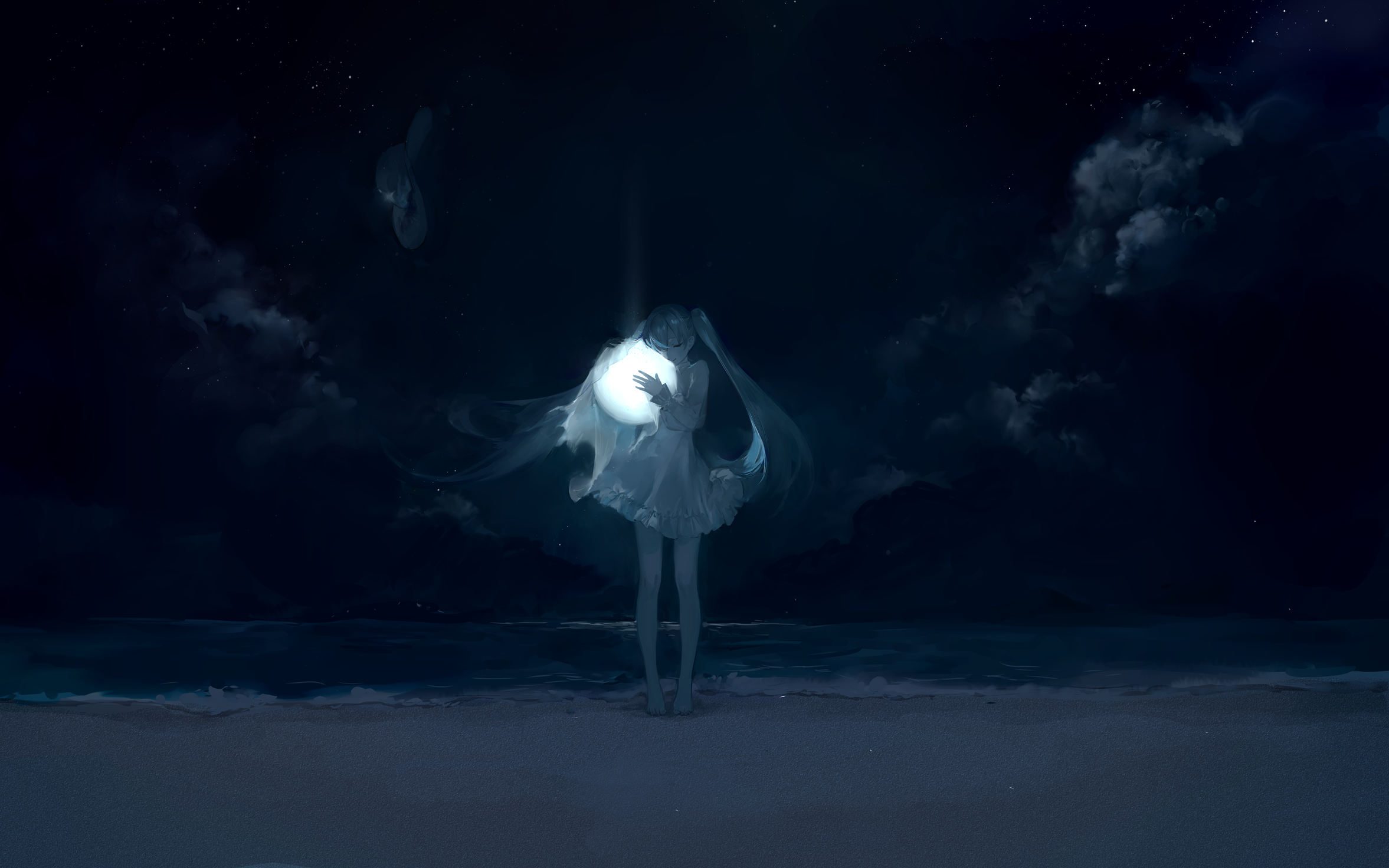 Hatsune Miku holding a glowing orb on a beach at night HD Wallpaper