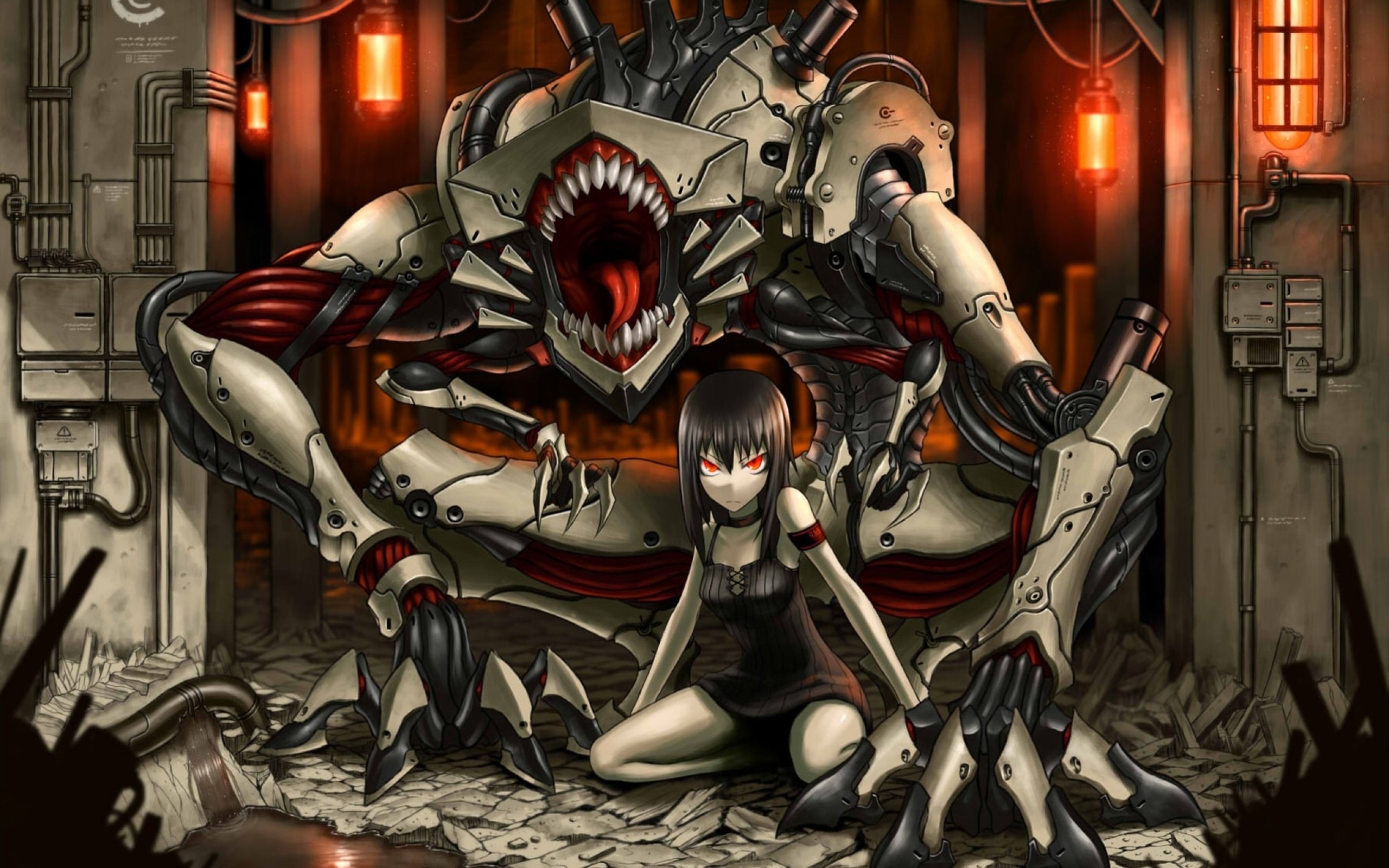 Anime girl with a large mechanical monster HD Wallpaper