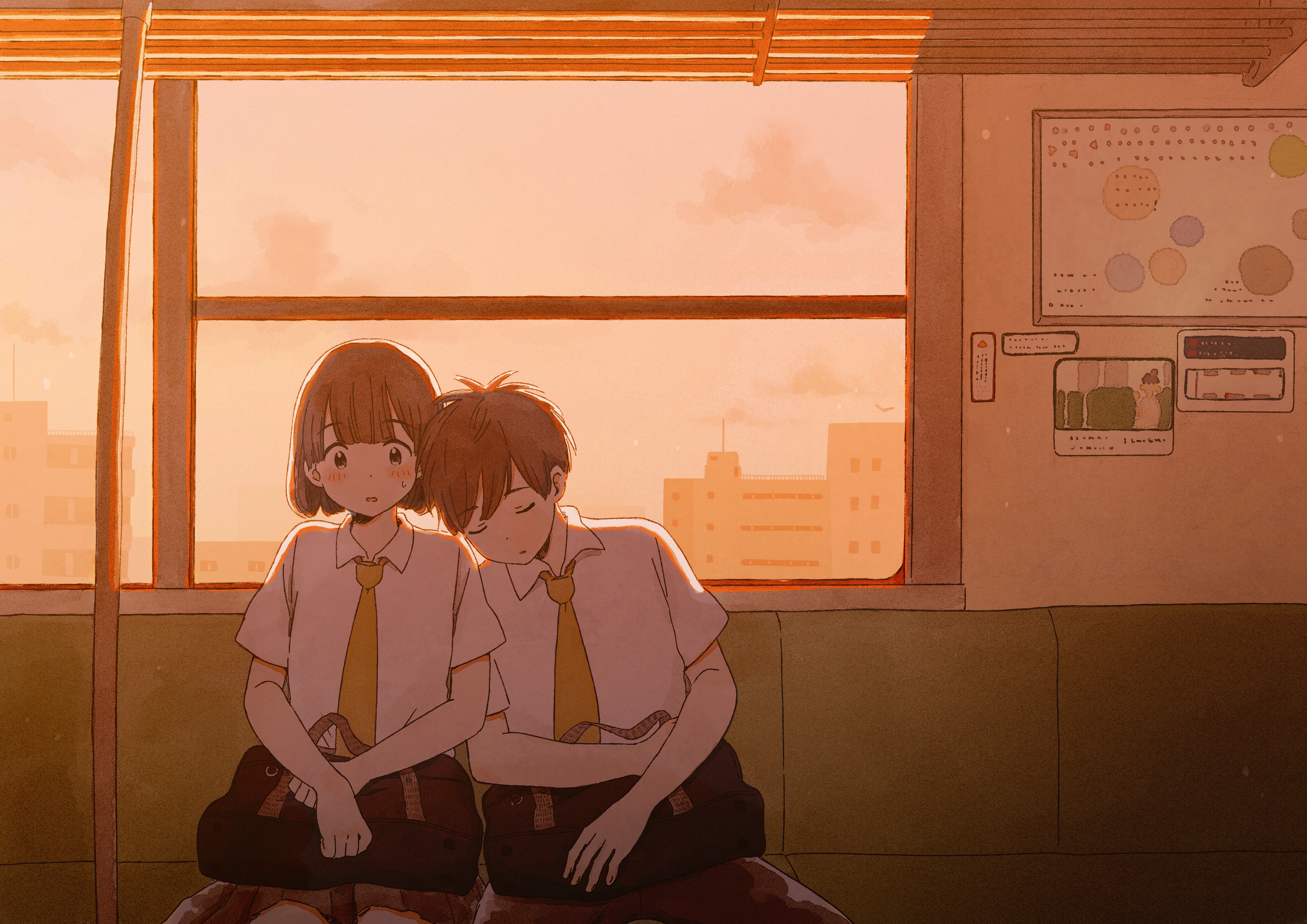 Anime couple sleeping on a train at sunset HD Wallpaper