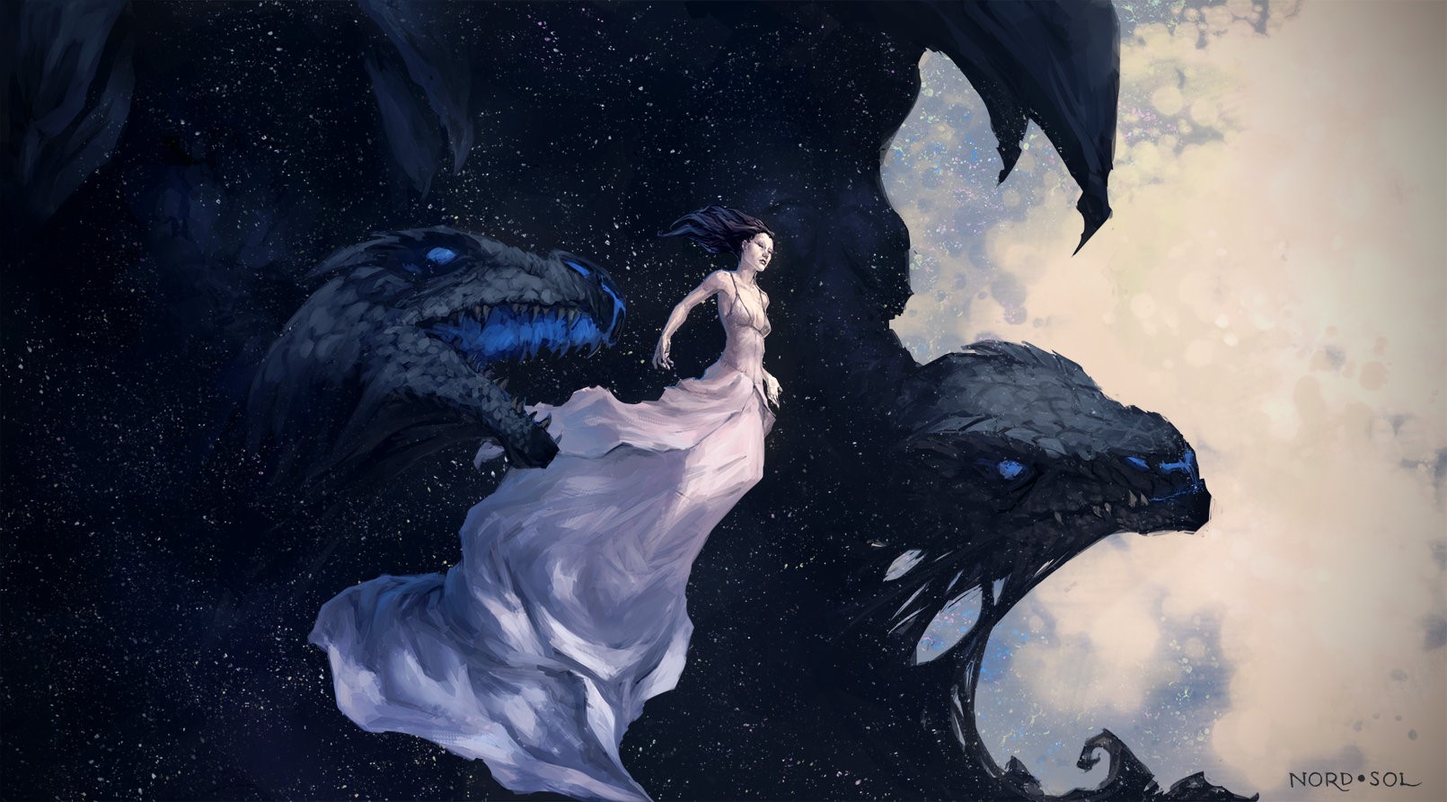 Woman in a dress with dragons in space HD Wallpaper