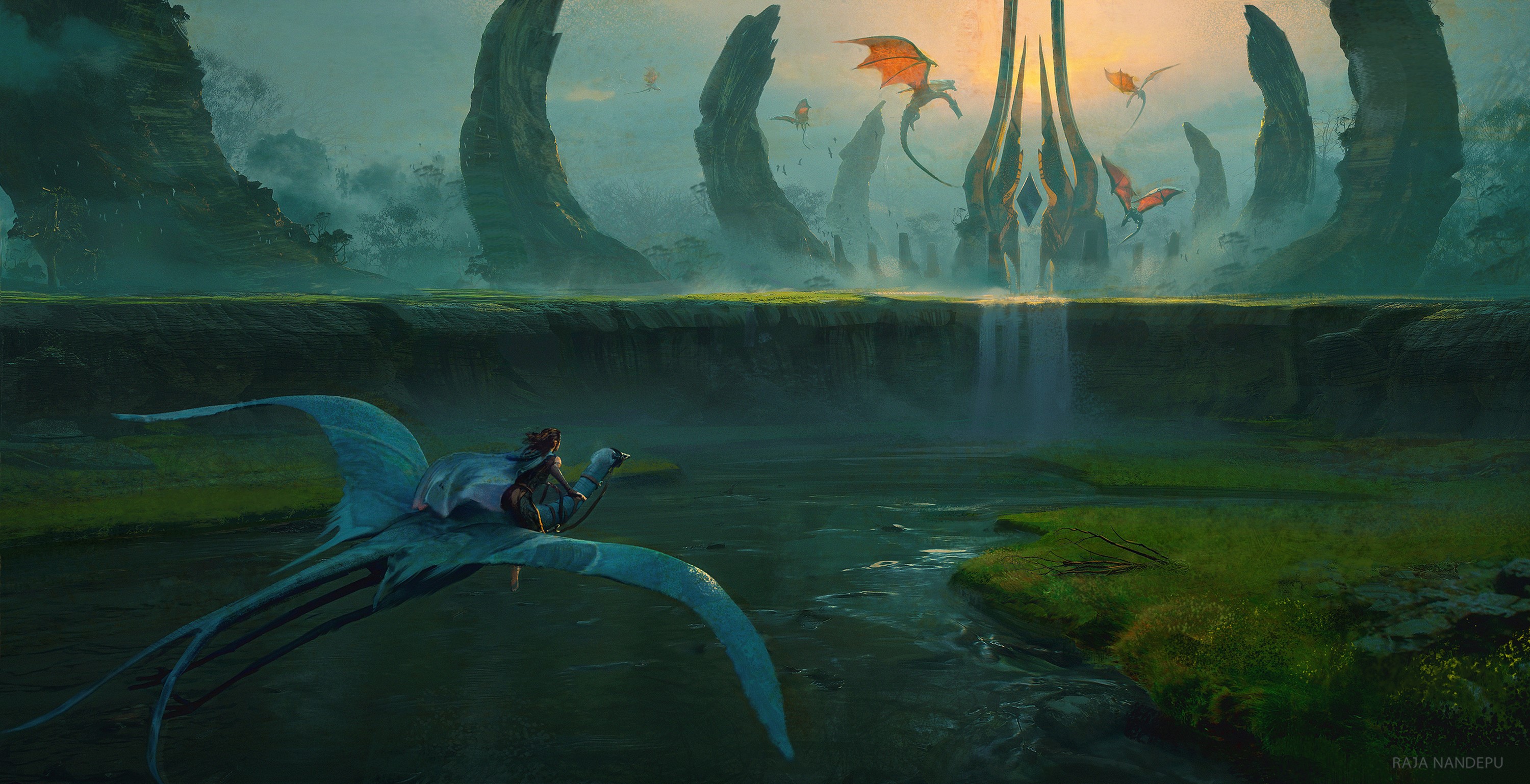 Fantasy girl riding a creature with dragons flying HD Wallpaper