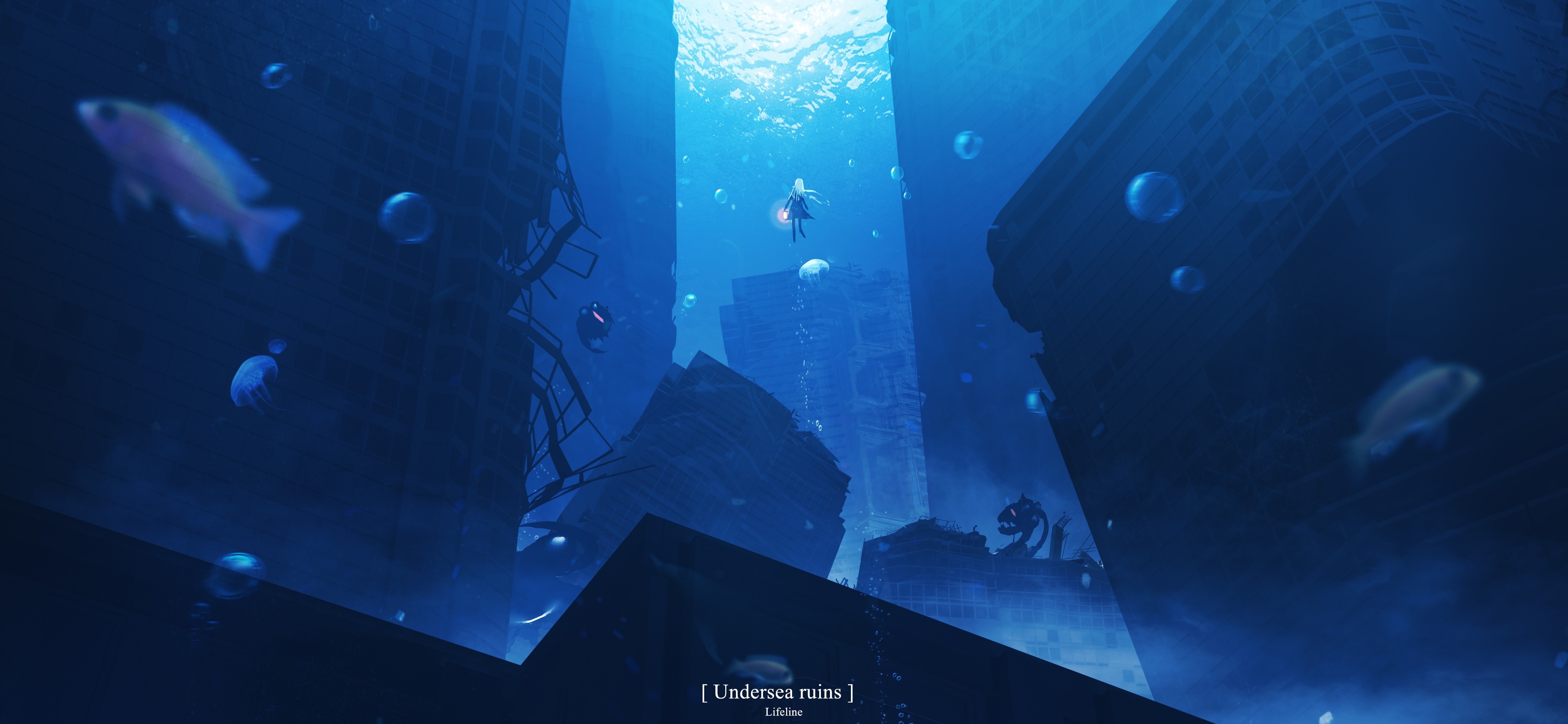 Undersea ruins with a girl and fish HD Wallpaper