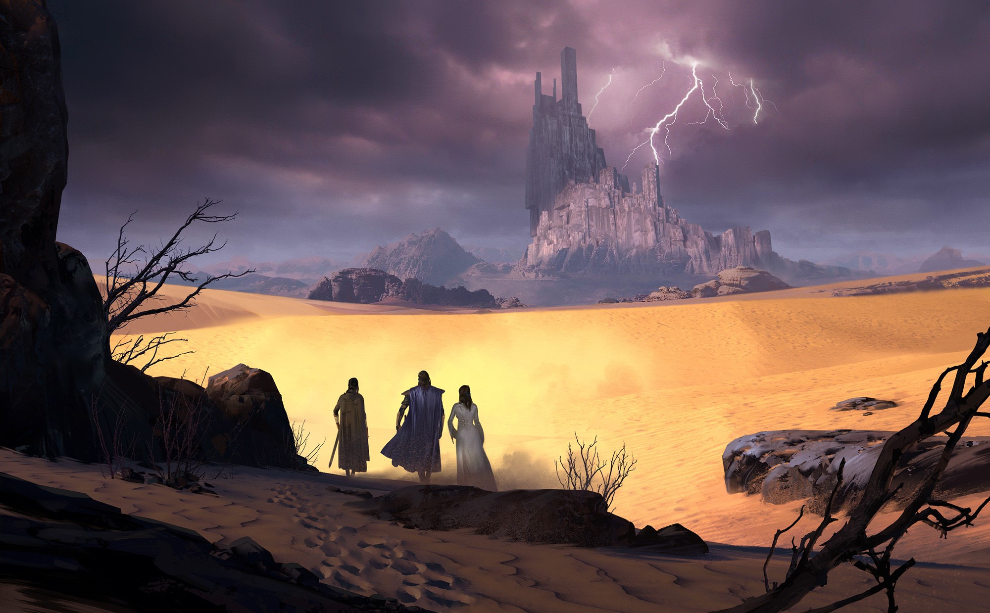 Fantasy desert landscape with figures approaching a castle HD Wallpaper