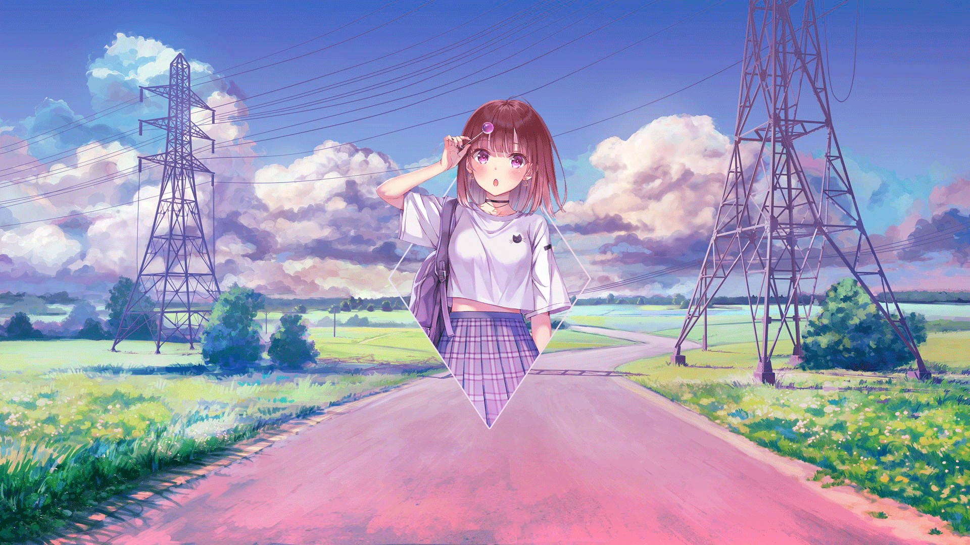 Anime girl with power lines and road HD Wallpaper