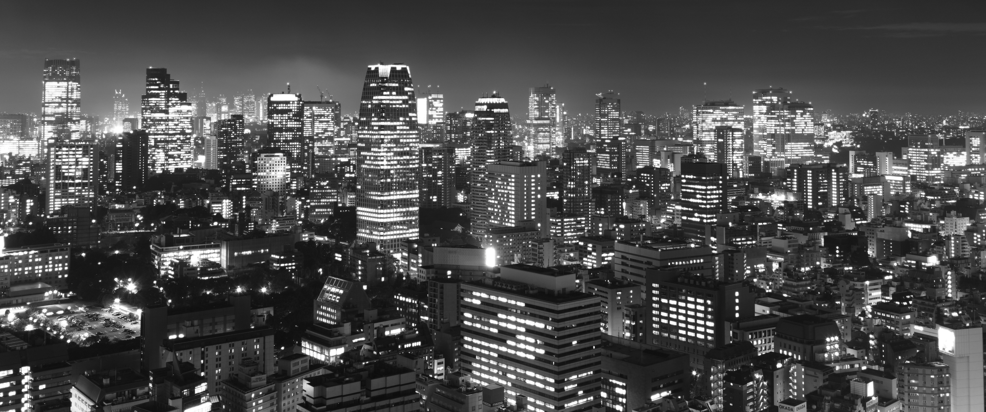 Monochrome cityscape at night with illuminated buildings HD Wallpaper