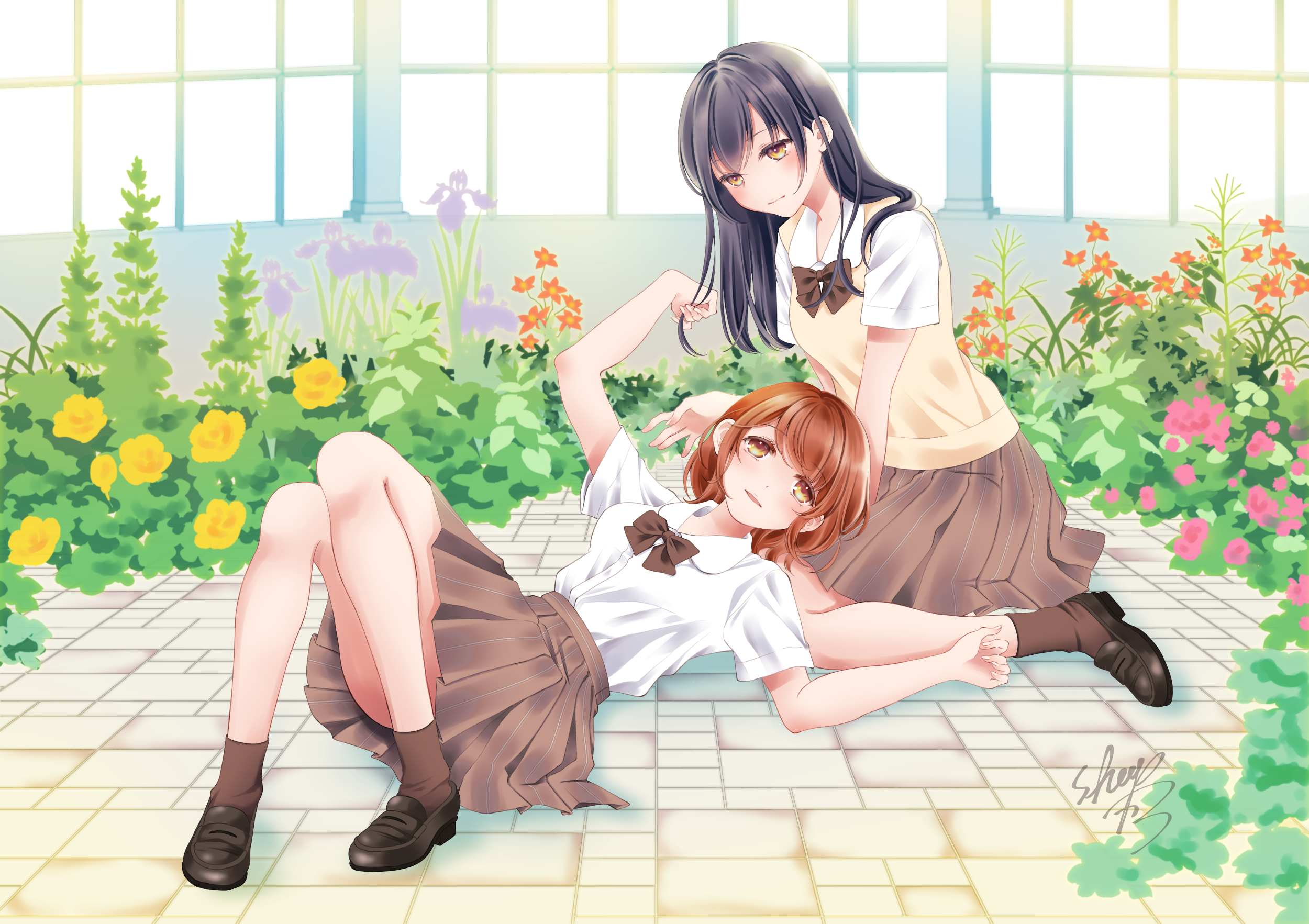 Two anime girls in school uniforms in a garden HD Wallpaper