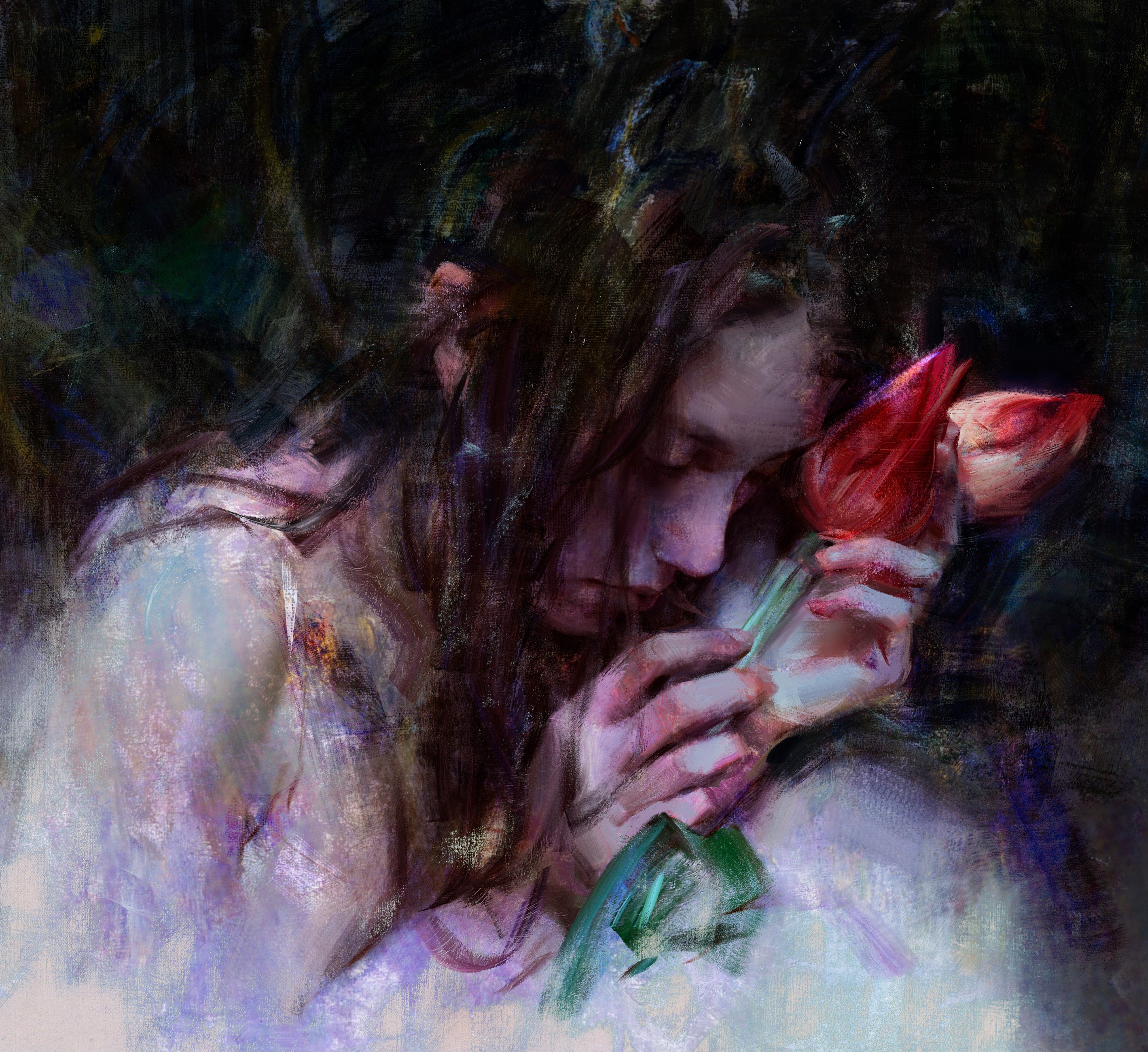 Woman holding tulips, digital art HD Wallpaper