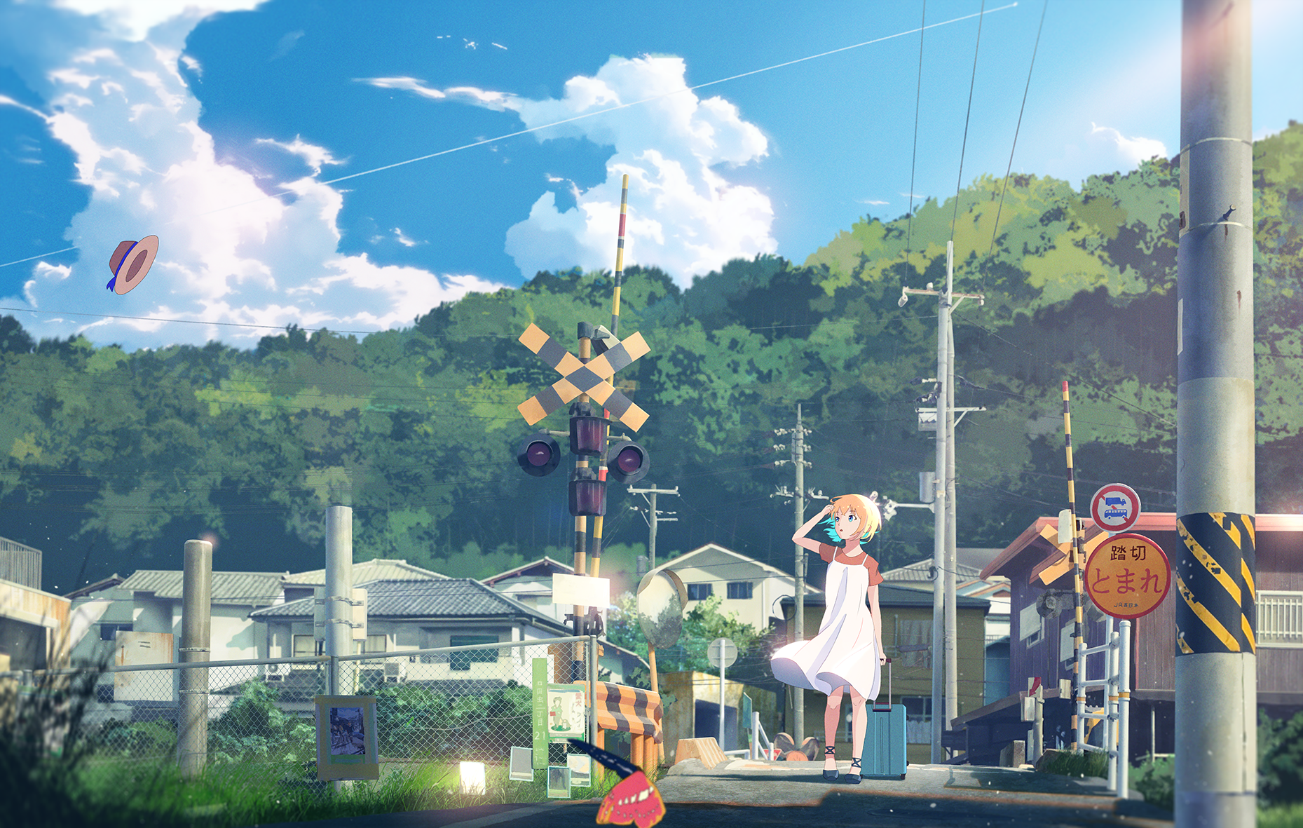 Anime girl at a Japanese railroad crossing HD Wallpaper