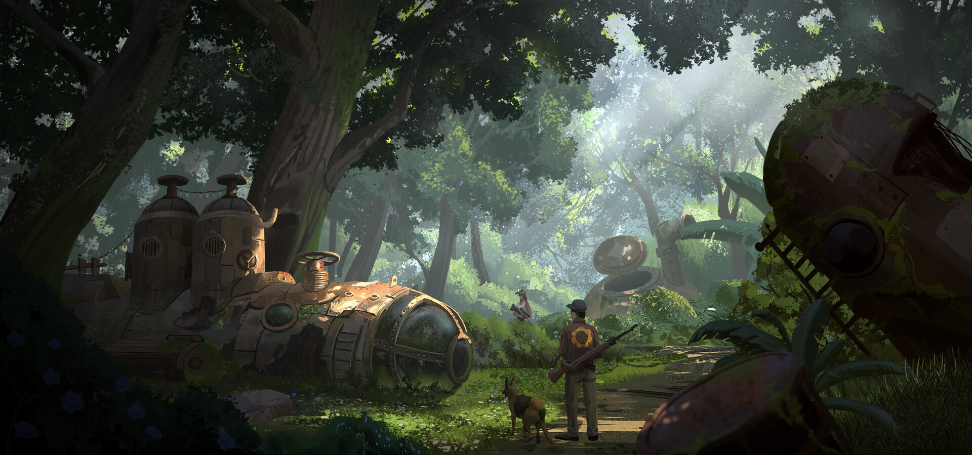 Steampunk ruins in a sunlit forest with a dog and people HD Wallpaper