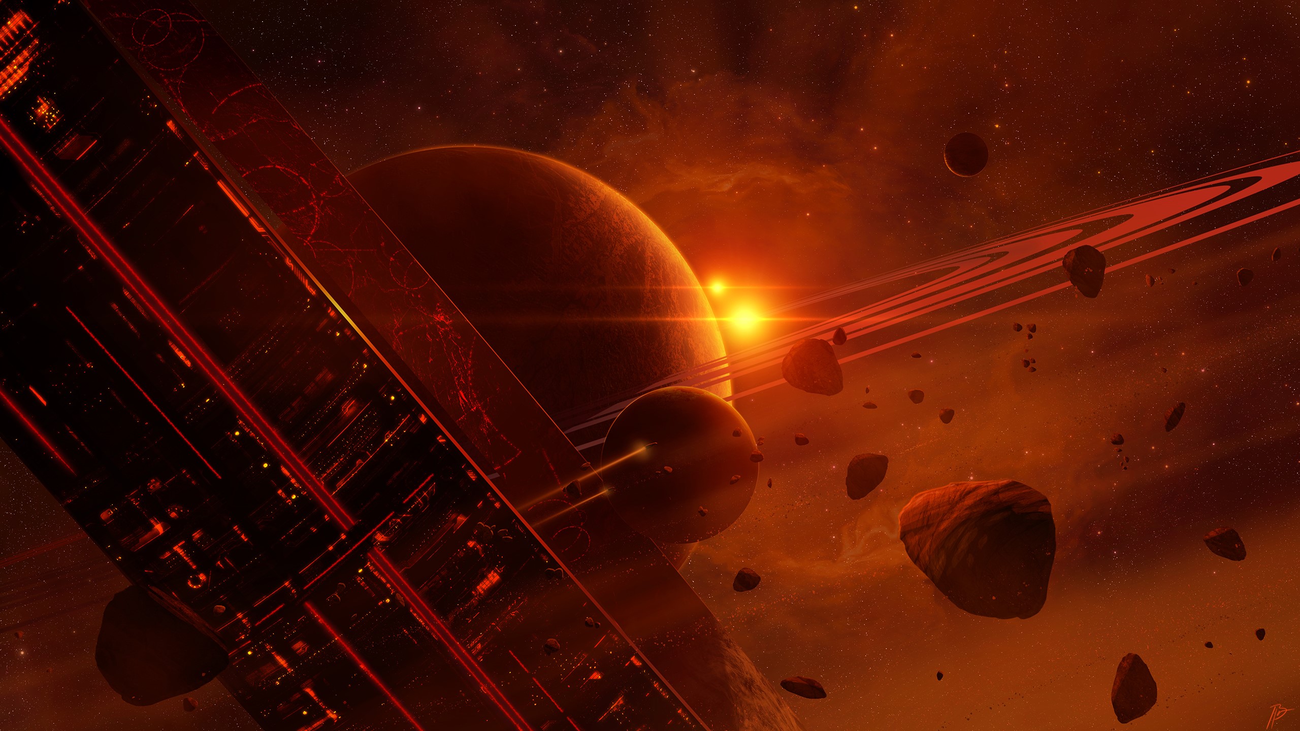 Space art with planets and asteroids HD Wallpaper