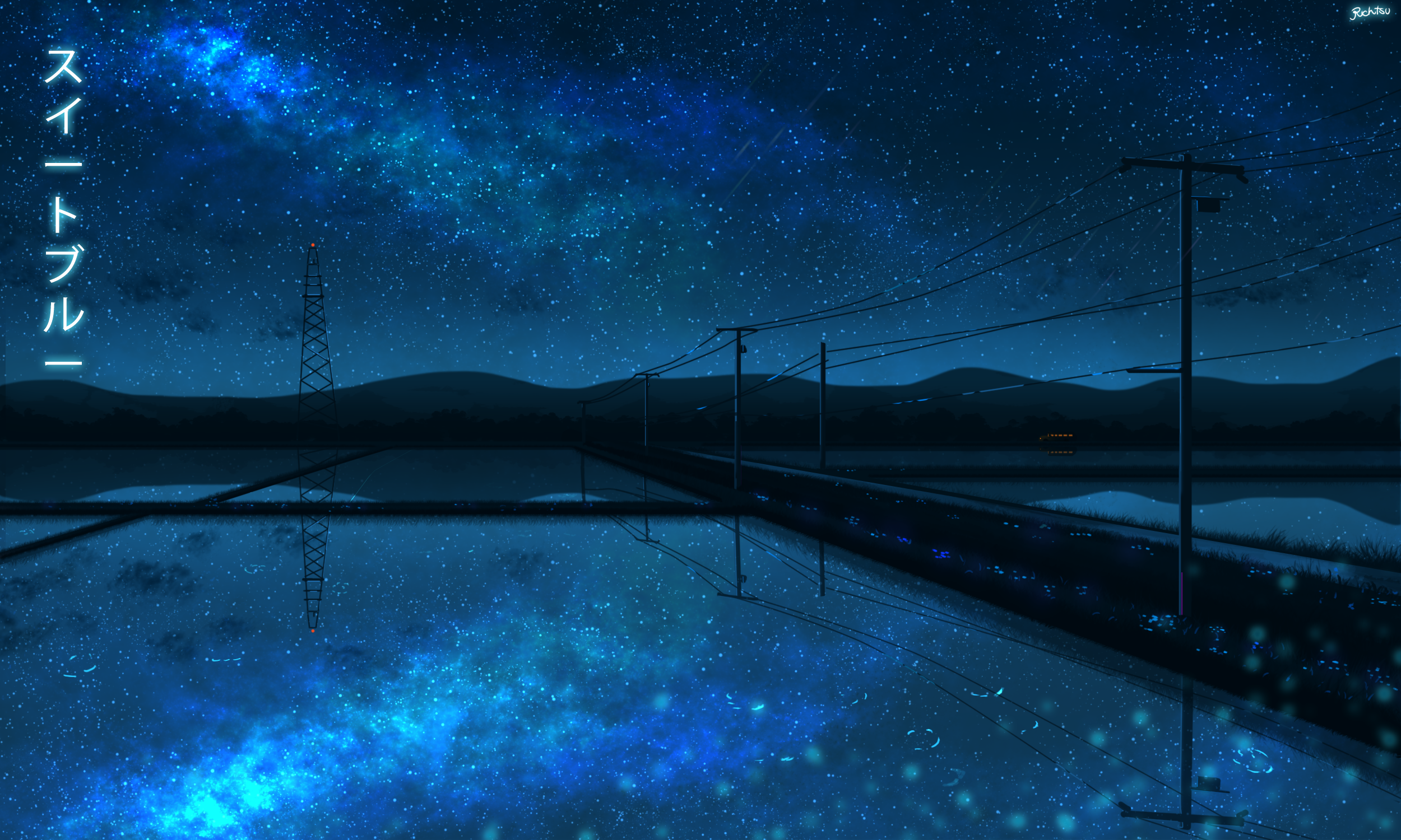 Night sky reflection with power lines and Japanese text HD Wallpaper