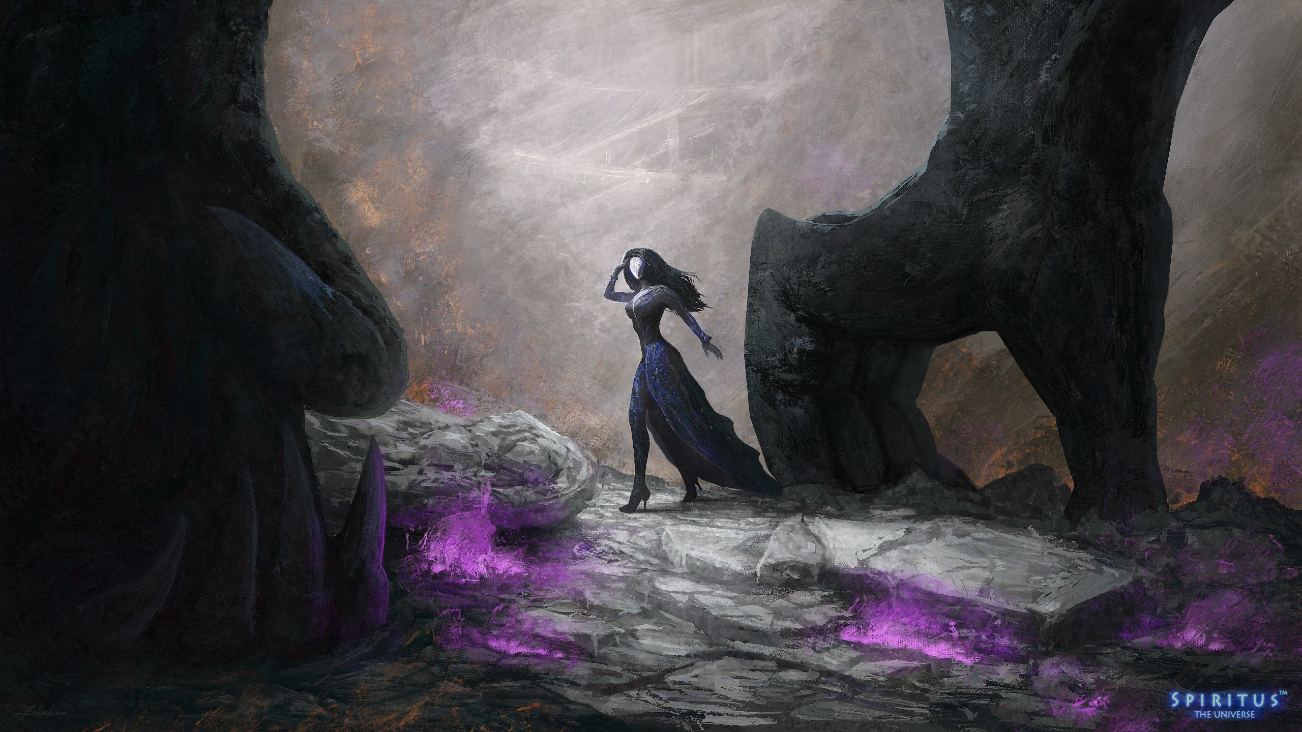 Woman in a dark dress in a rocky landscape HD Wallpaper