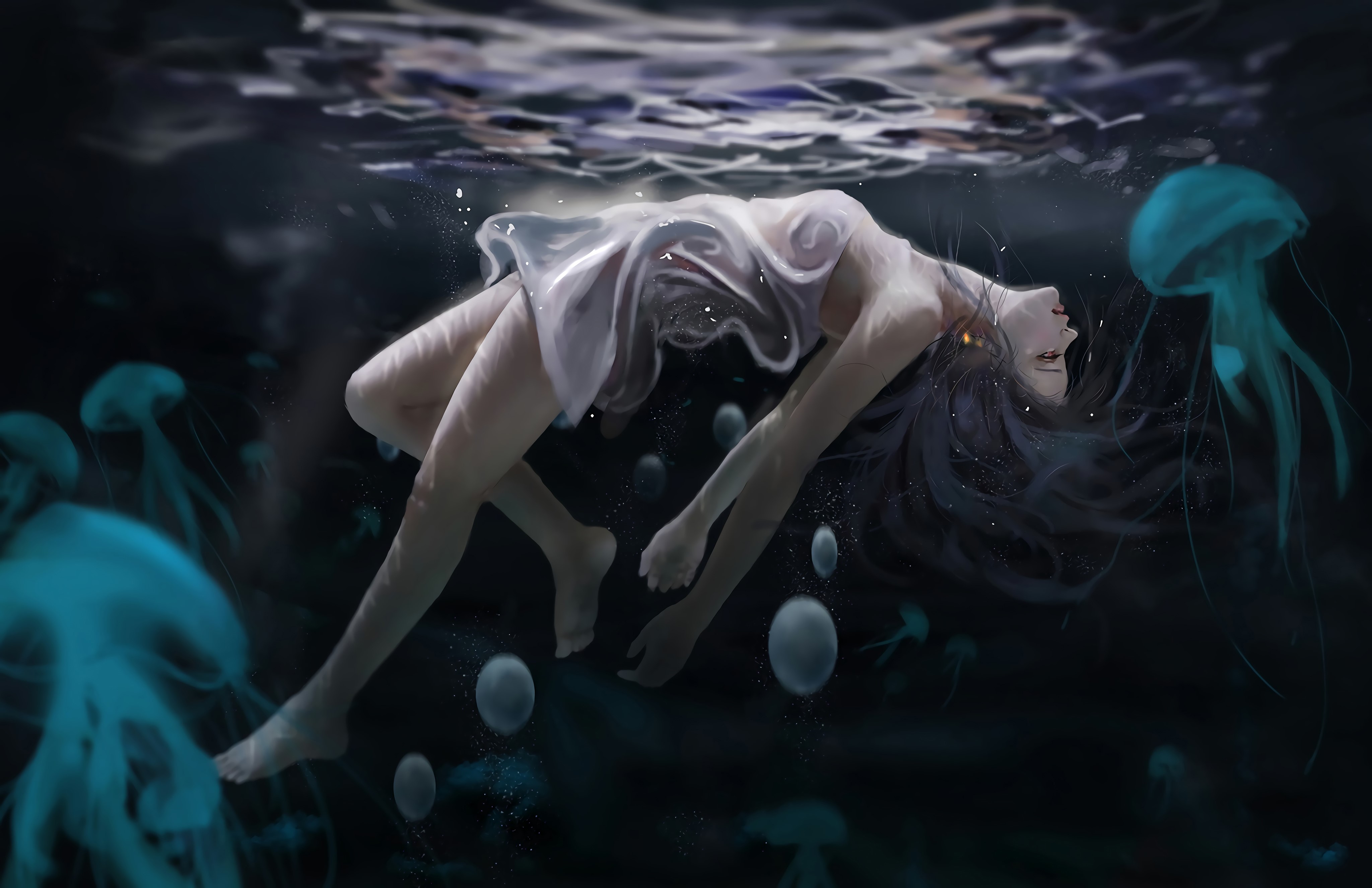 4K Digital Art of Girl Underwater with Jellyfish HD Wallpaper