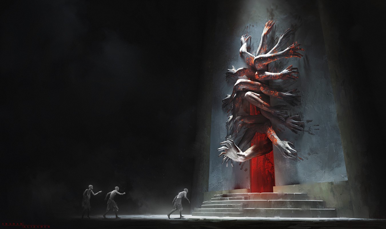 Sculpture of hands in a dark chamber with figures approaching HD Wallpaper