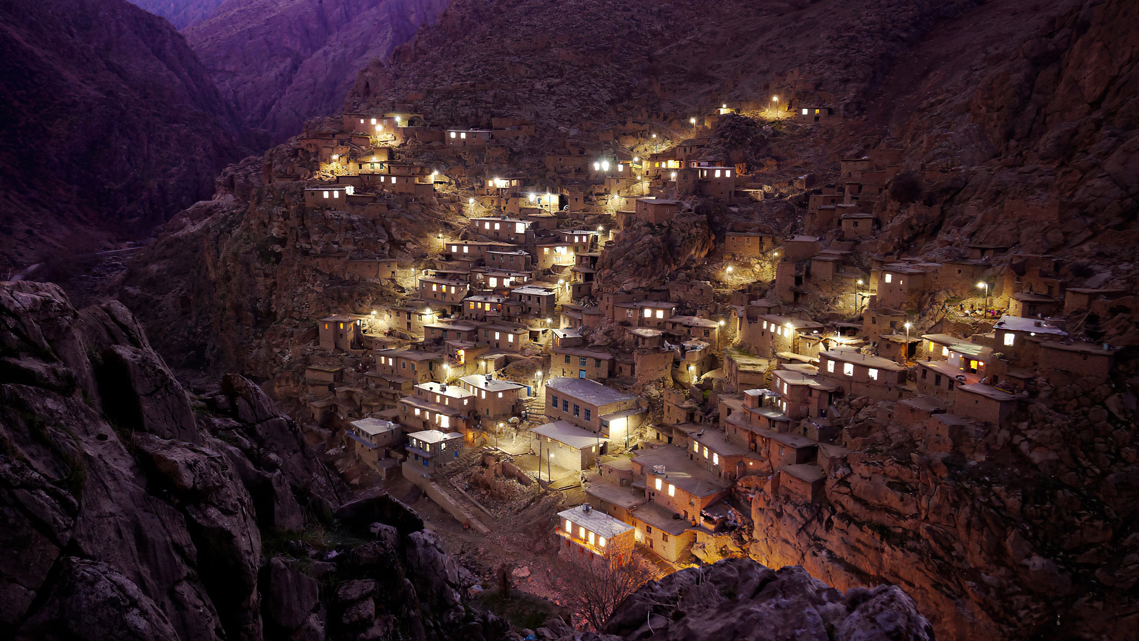Village in mountains at night, Iran HD Wallpaper
