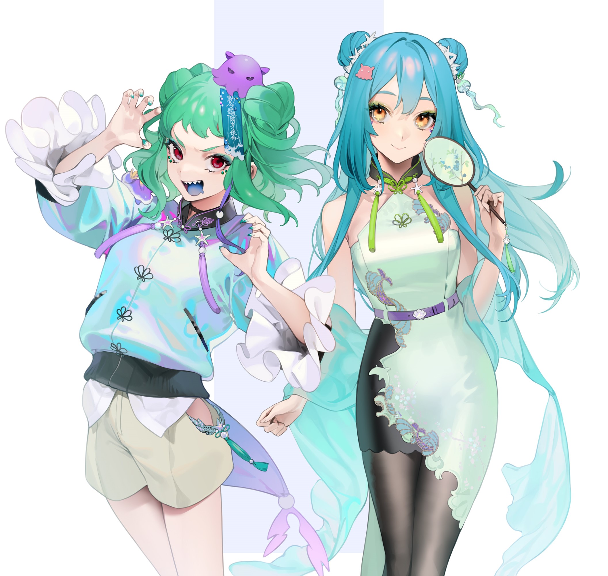 Two anime girls with blue and green hair HD Wallpaper