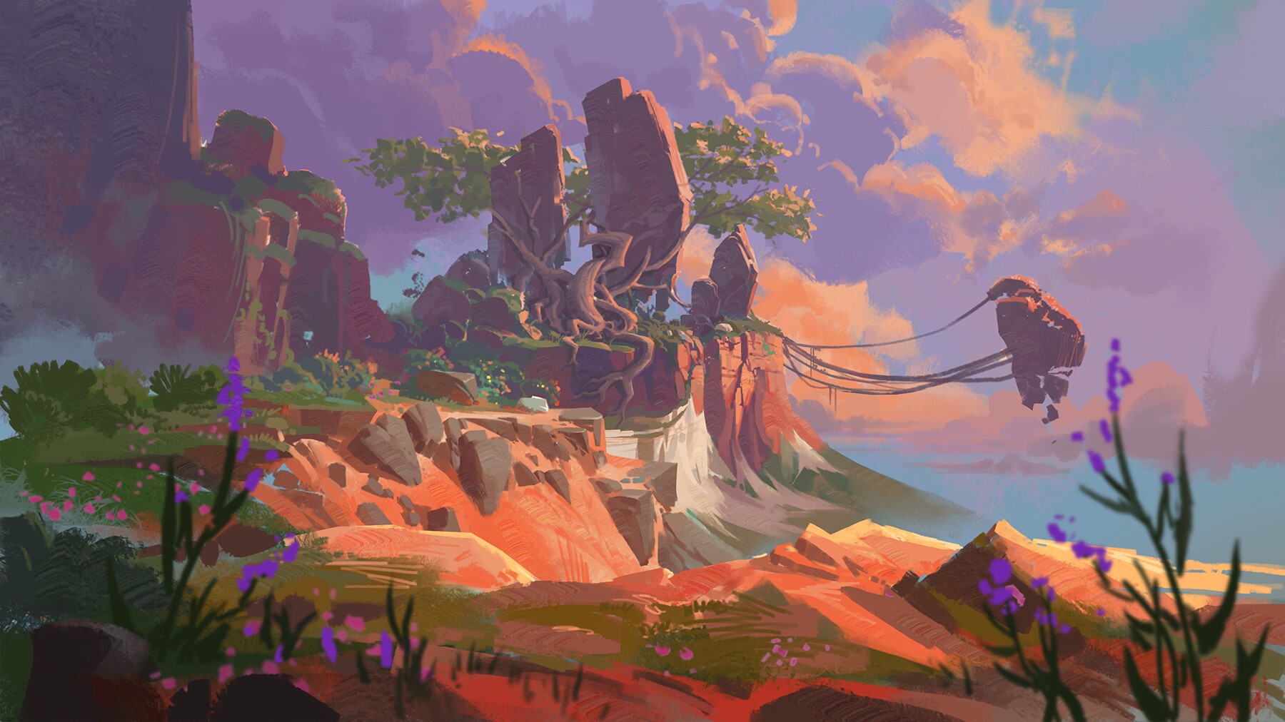 Fantasy landscape with floating islands and ancient tree HD Wallpaper