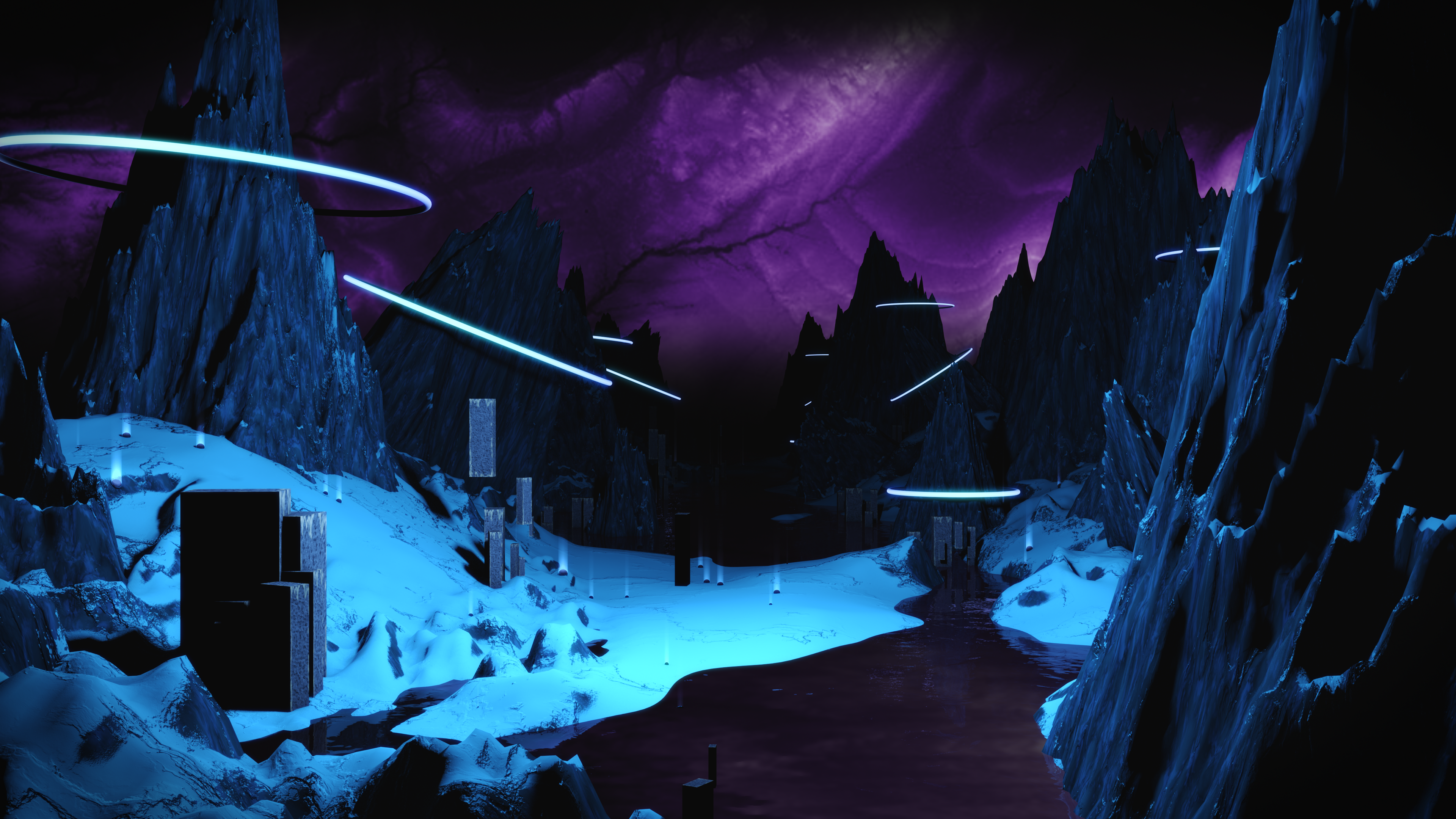 Alien landscape with glowing lights and mountains HD Wallpaper