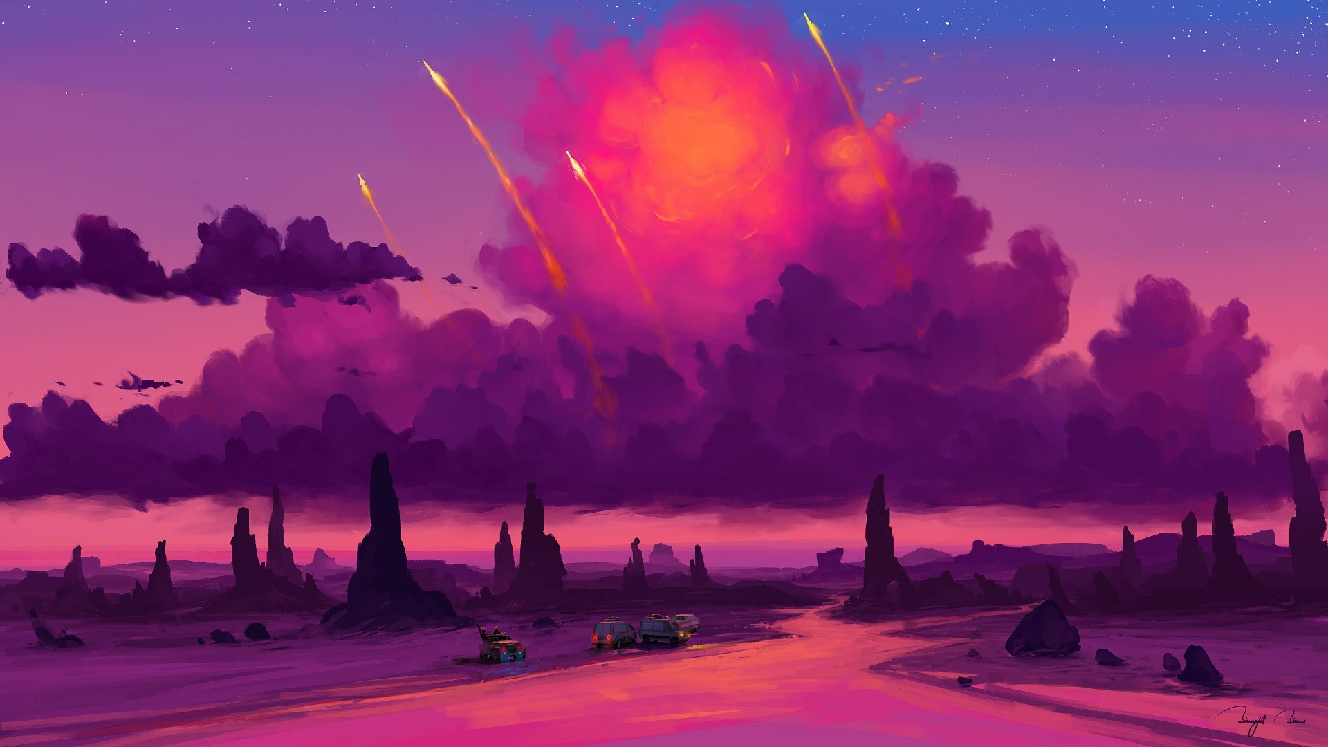 Digital art of rockets in a pink and purple sky HD Wallpaper