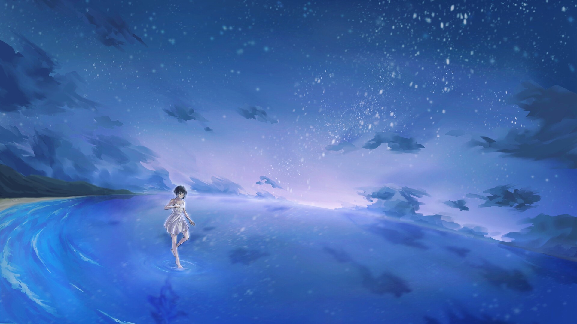 Girl with short hair standing in water under starry sky HD Wallpaper