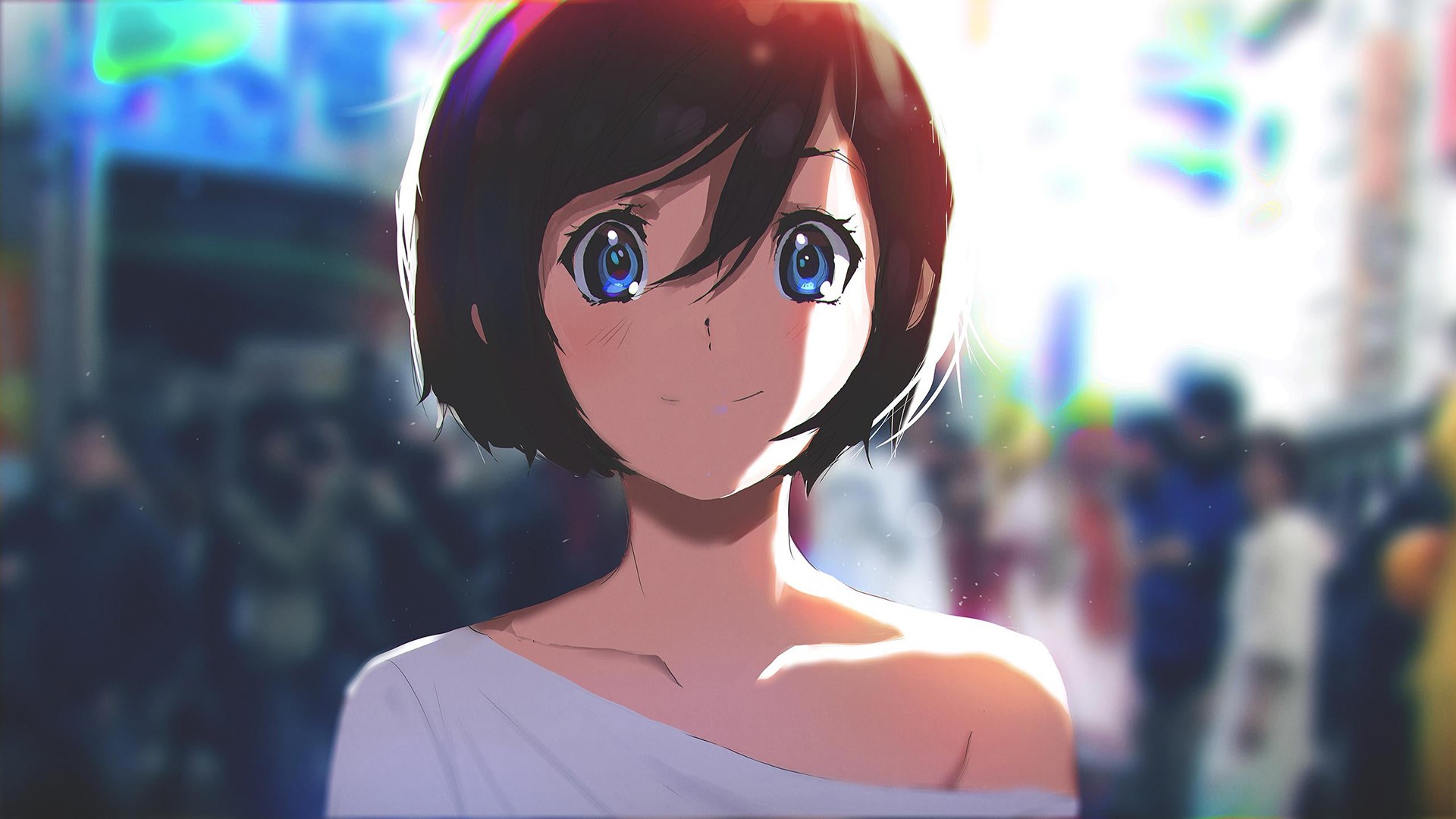 Anime girl with short hair and blue eyes in a crowd HD Wallpaper