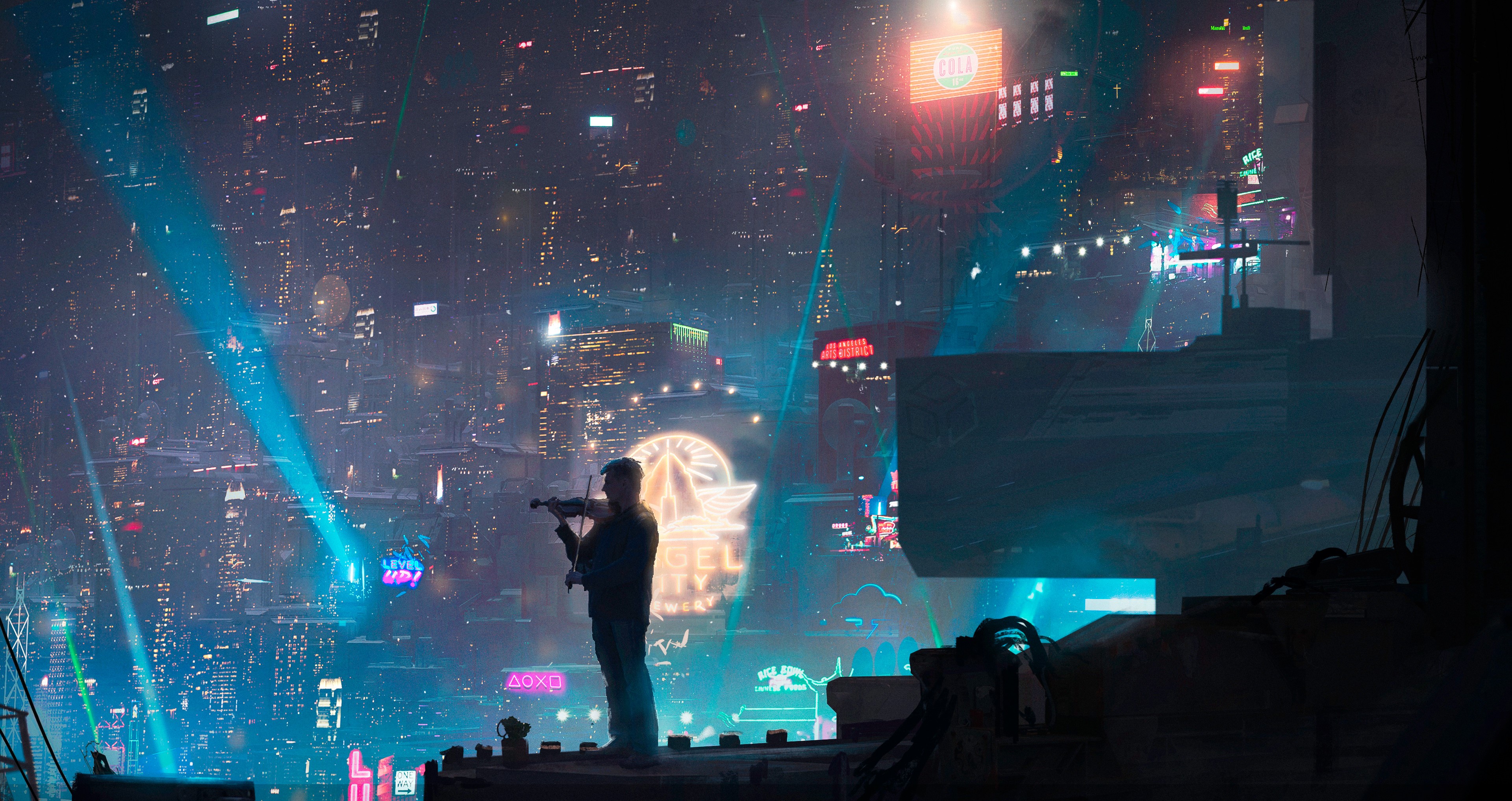 Cyber City Violinist by Nicholas Baum HD Wallpaper