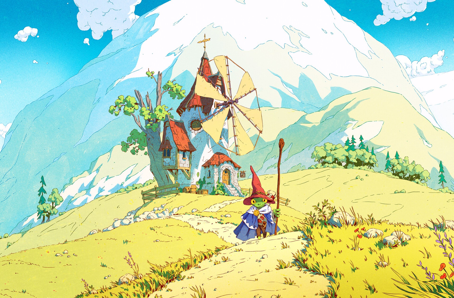Frog wizard with staff near windmill house on mountain HD Wallpaper