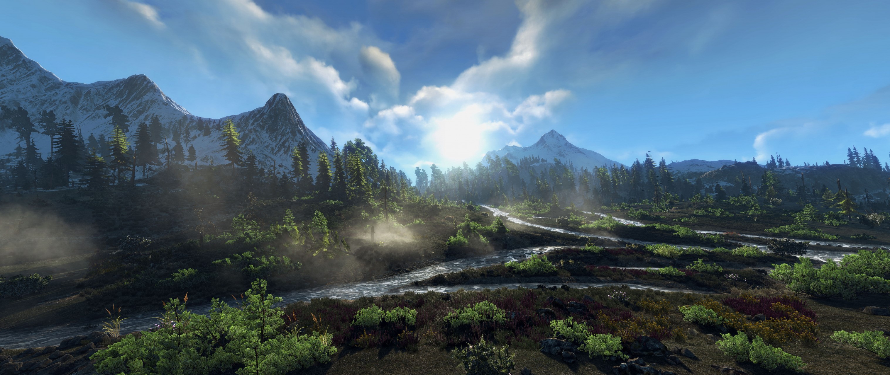 The Witcher 3: Wild Hunt landscape with mountains and river HD Wallpaper