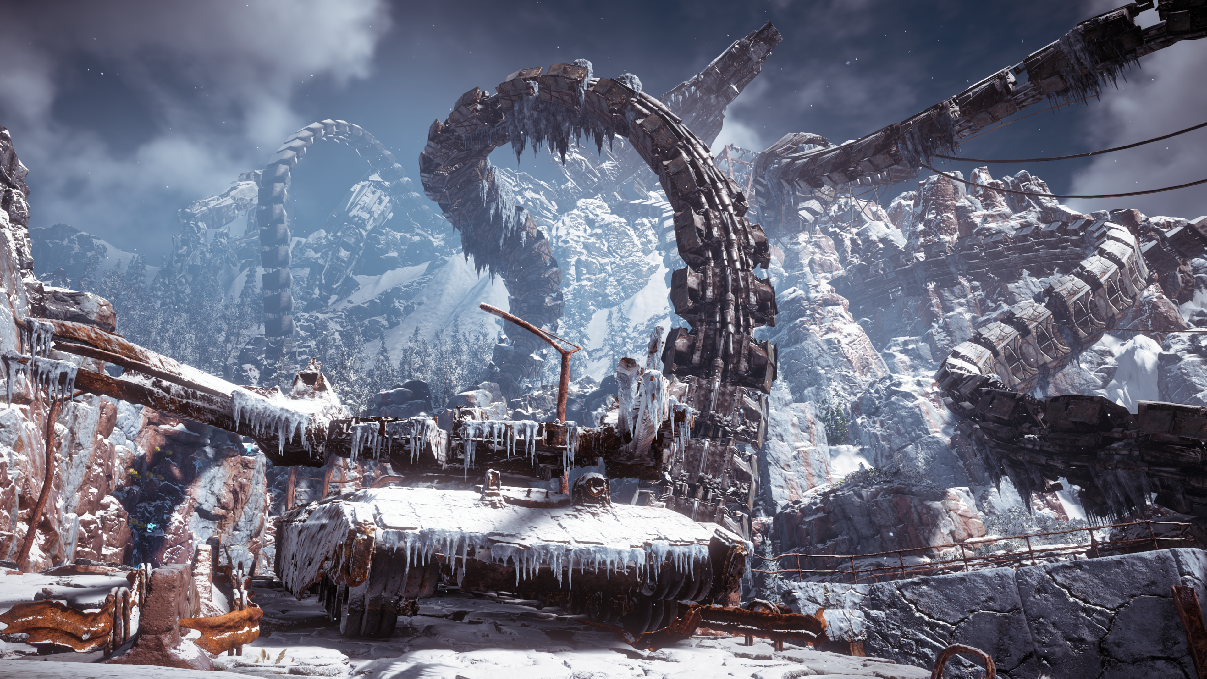 4K Horizon Zero Dawn Frozen Wilds tank wreckage HD Wallpaper